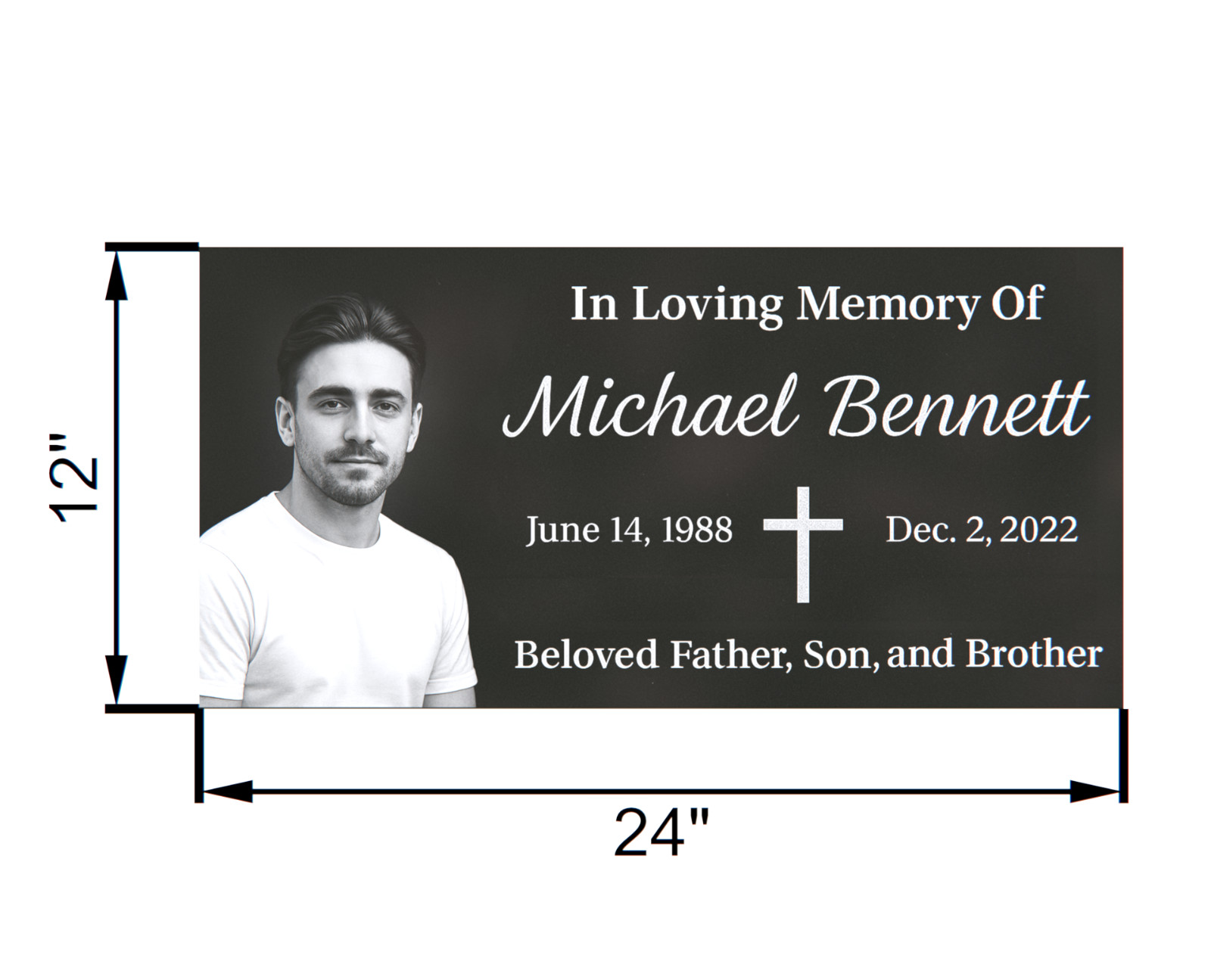 24×12×4″ Black Granite Grave Marker – Custom Portrait & Engraving & Cross