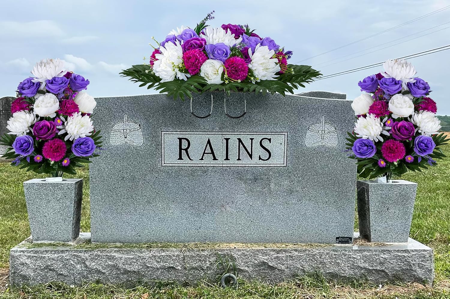 Elegant Artificial Flower Saddle for Graves – Purple & White Peony Rose Decor