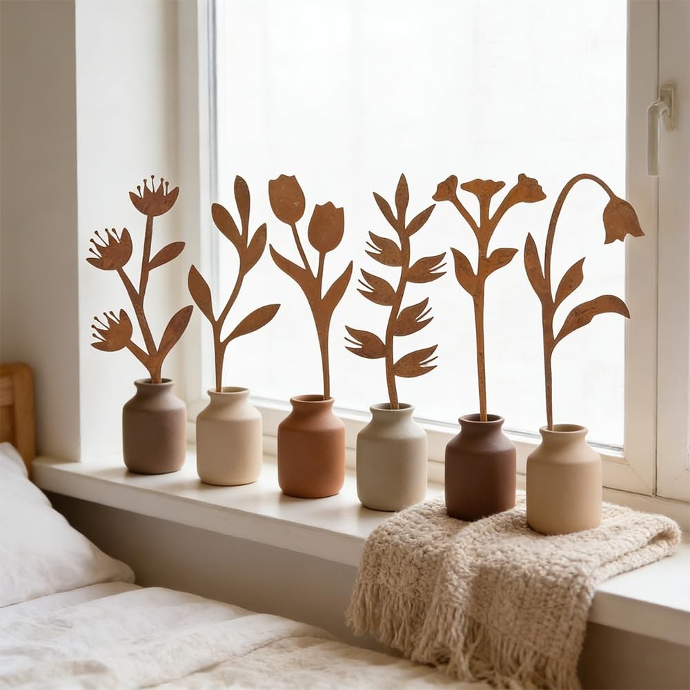 Garden Decor for Outside, 6 Pcs Rusty Metal Flower Garden Stakes with Fern Leaf