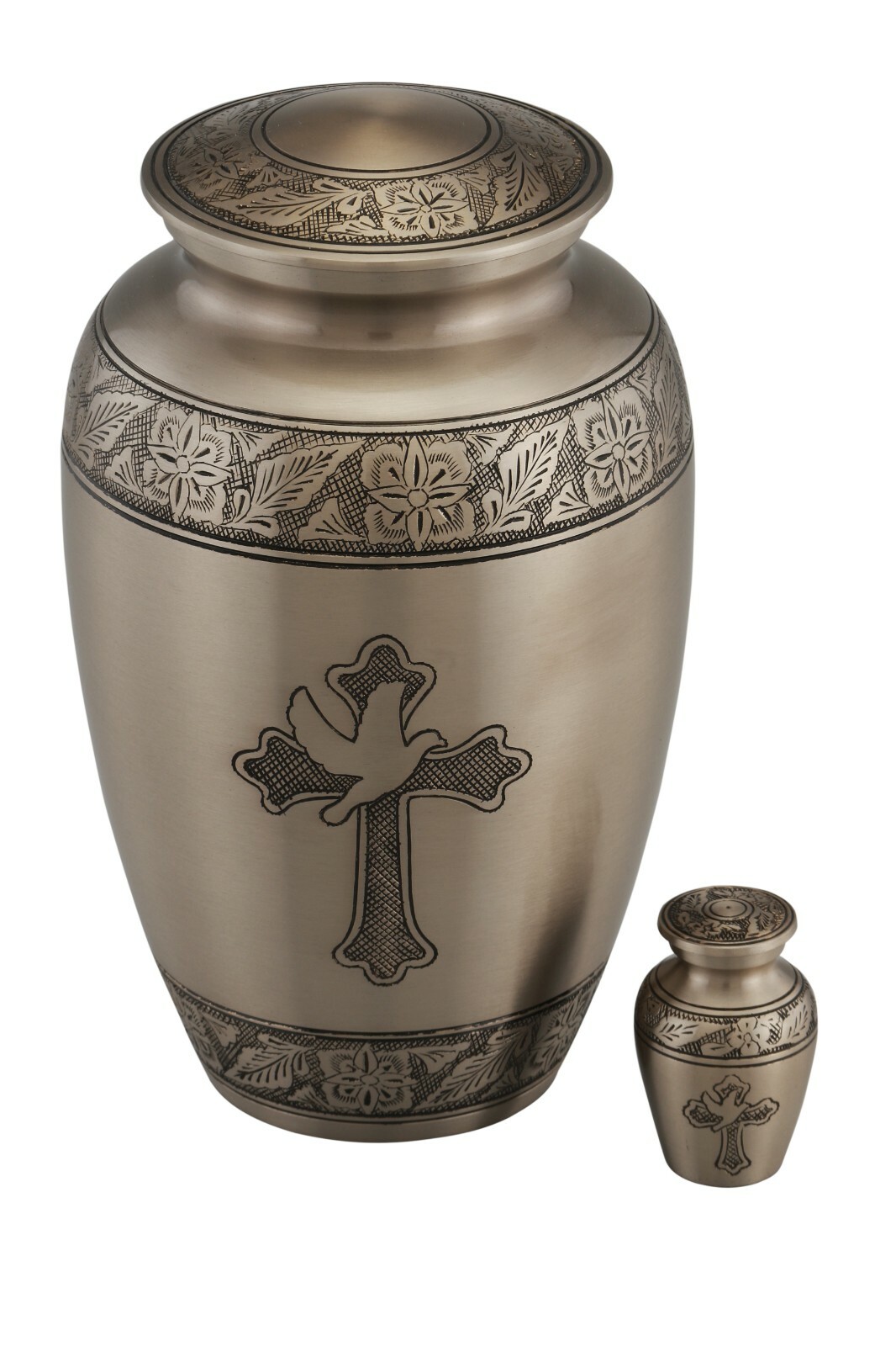 Classic Pewter Cremation Urn, Cross and Dove + Keepsake ~ Free Shipping