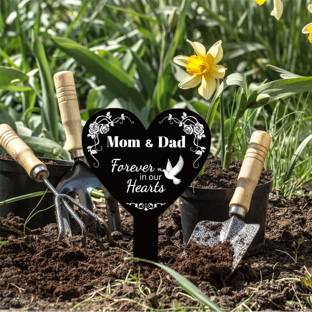 Heart Shaped Mom and Dad Garden Stake for Parents Memorial Remembrance Plaque…
