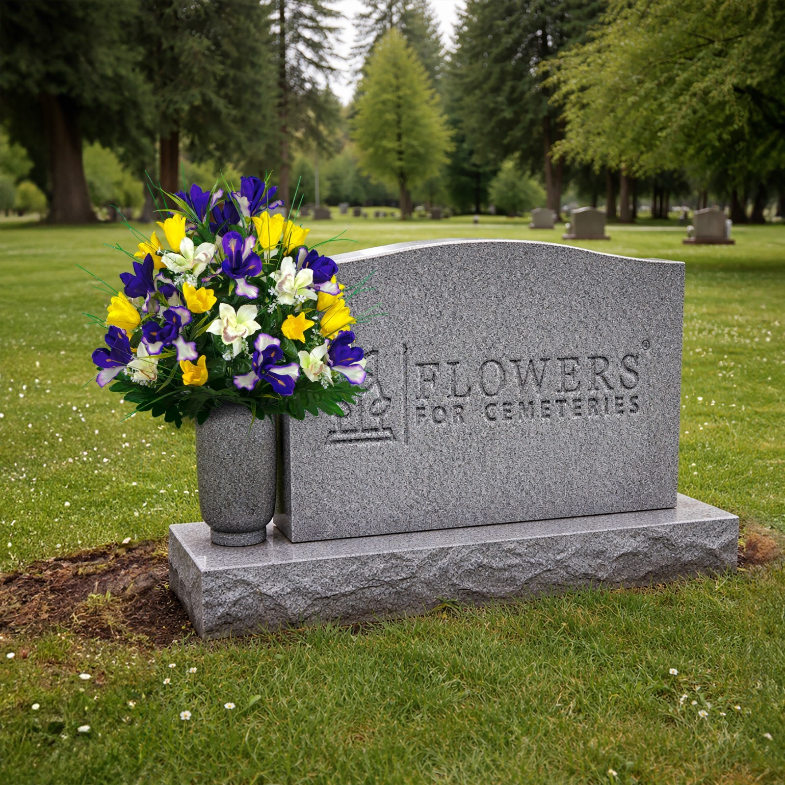 Artificial Cemetery Flowers – Yellow Tulips and Purple Iris (1) Bouquet