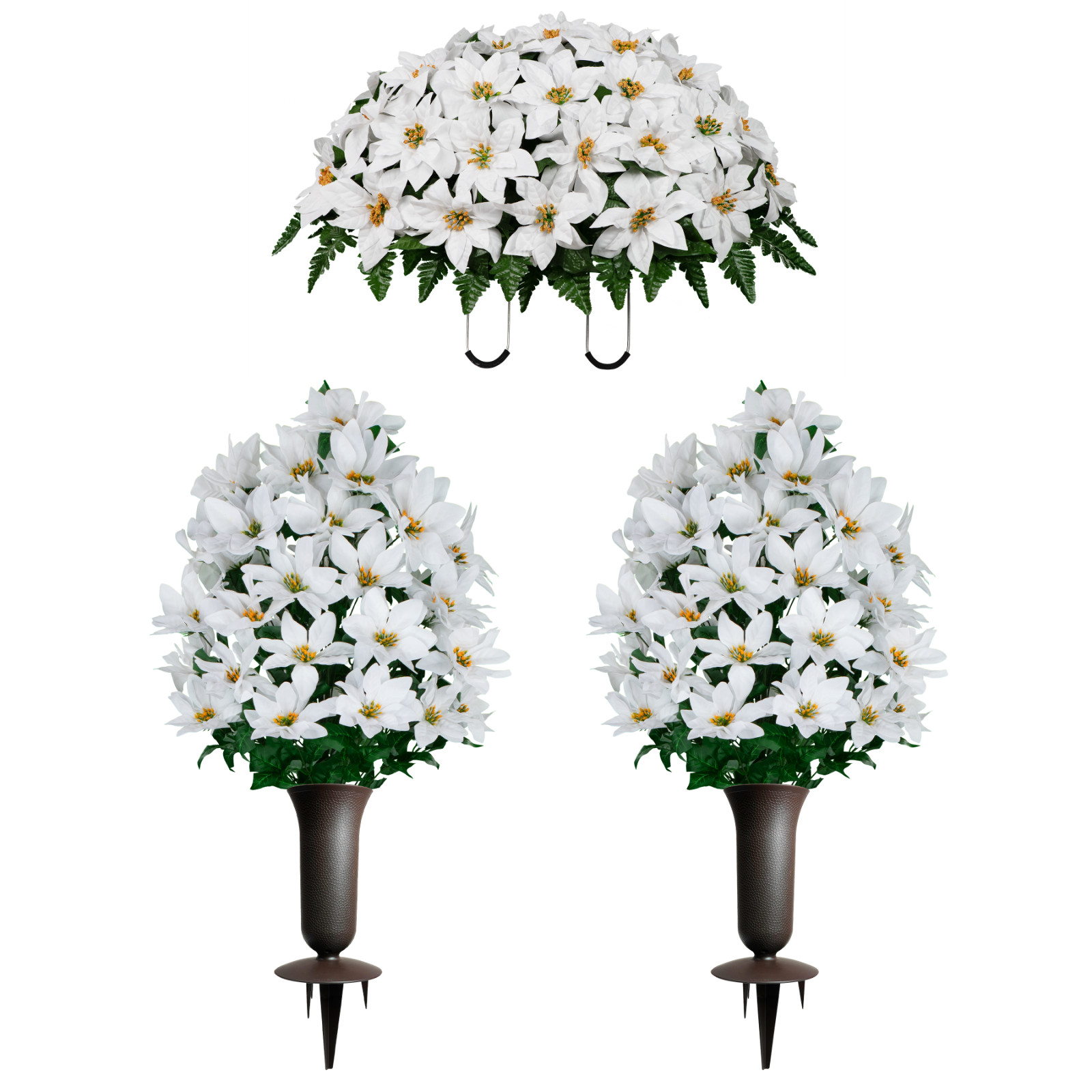 Artificial Flowers for Cemeteries – White Poinsettia Saddle, Bouquets and Vases