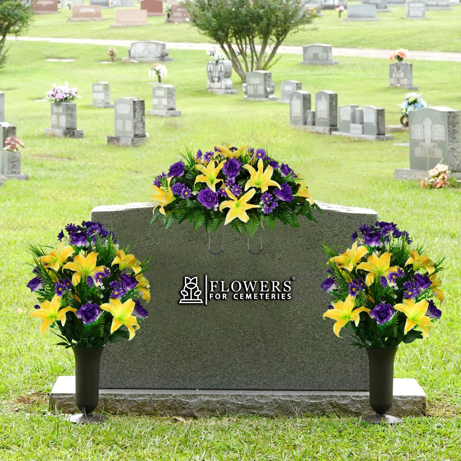 Artificial Yellow Lily with Purple Roses & Daisies – Saddle, Vases, & Bouquets