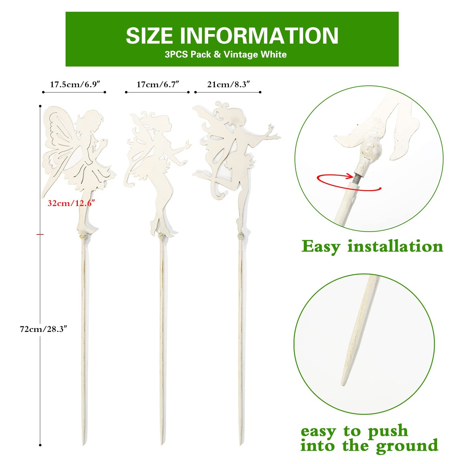 3PC Shabby Chic White Thick Metal Fairies Stakes, 28 Inch Tall Large Angel St…