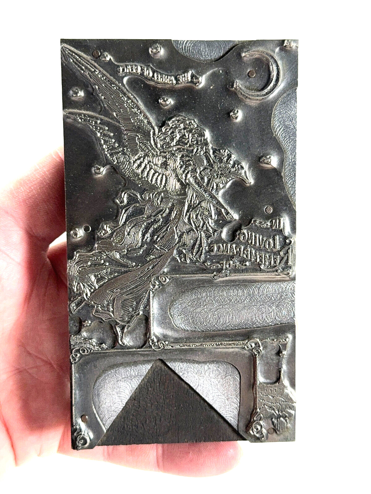 1890 H.F. Wendell Memorial Funeral Printing Plate Leipsic OH Angel Trumpet Moon