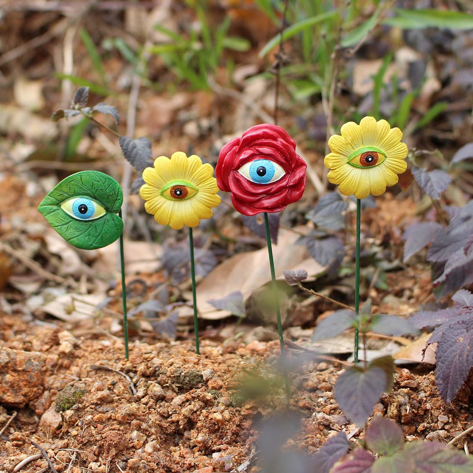 6PCS Resin Plant Eyes Stakes 5.5inch Novelty Rose Sunflower Green Leaves Plan…