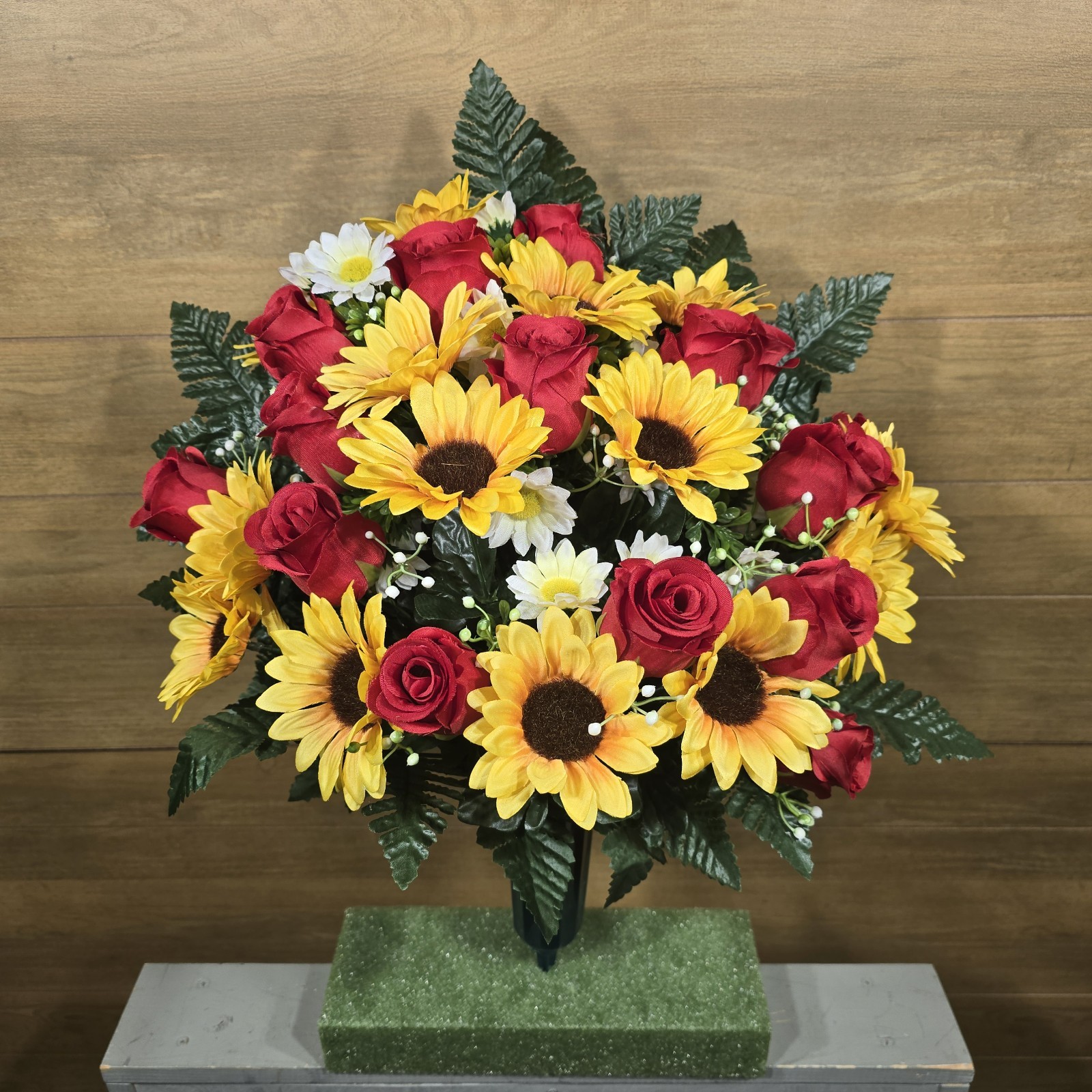 SUNFLOWER CEMETERY VASE MEMORIAL DECORATION WITH RED ROSEBUDS AND SUNFLOWERS