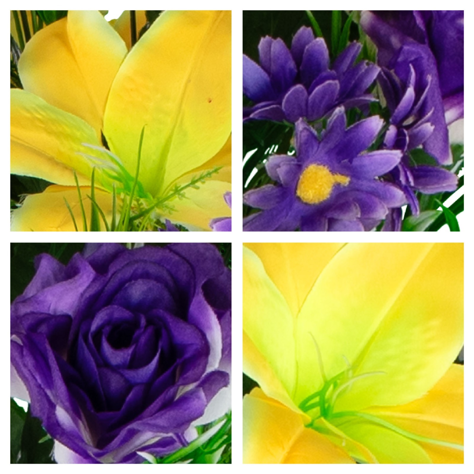 Artificial Yellow Lily with Purple Roses & Daisies – Saddle, Vases, & Bouquets