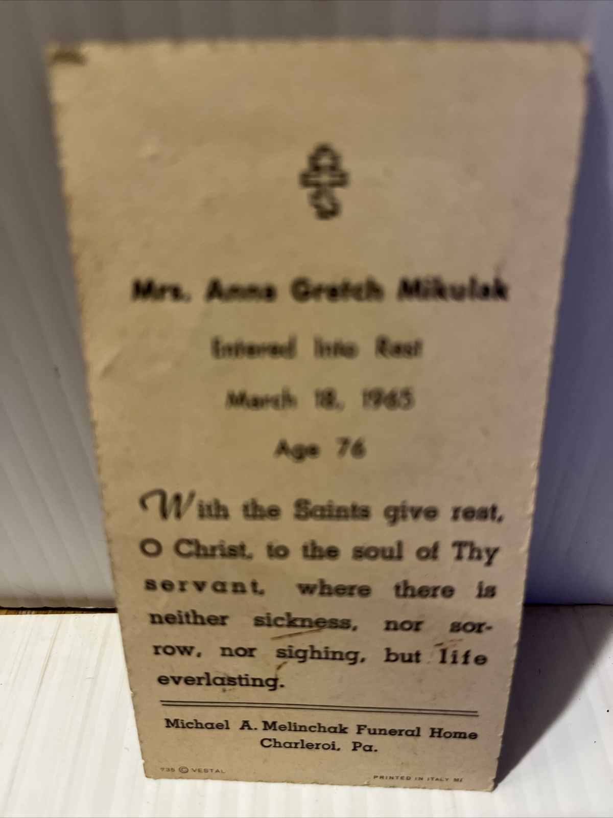 Obituary March 18, 1965 Michael A. Melinchak Funeral Home Charlerol, PA.