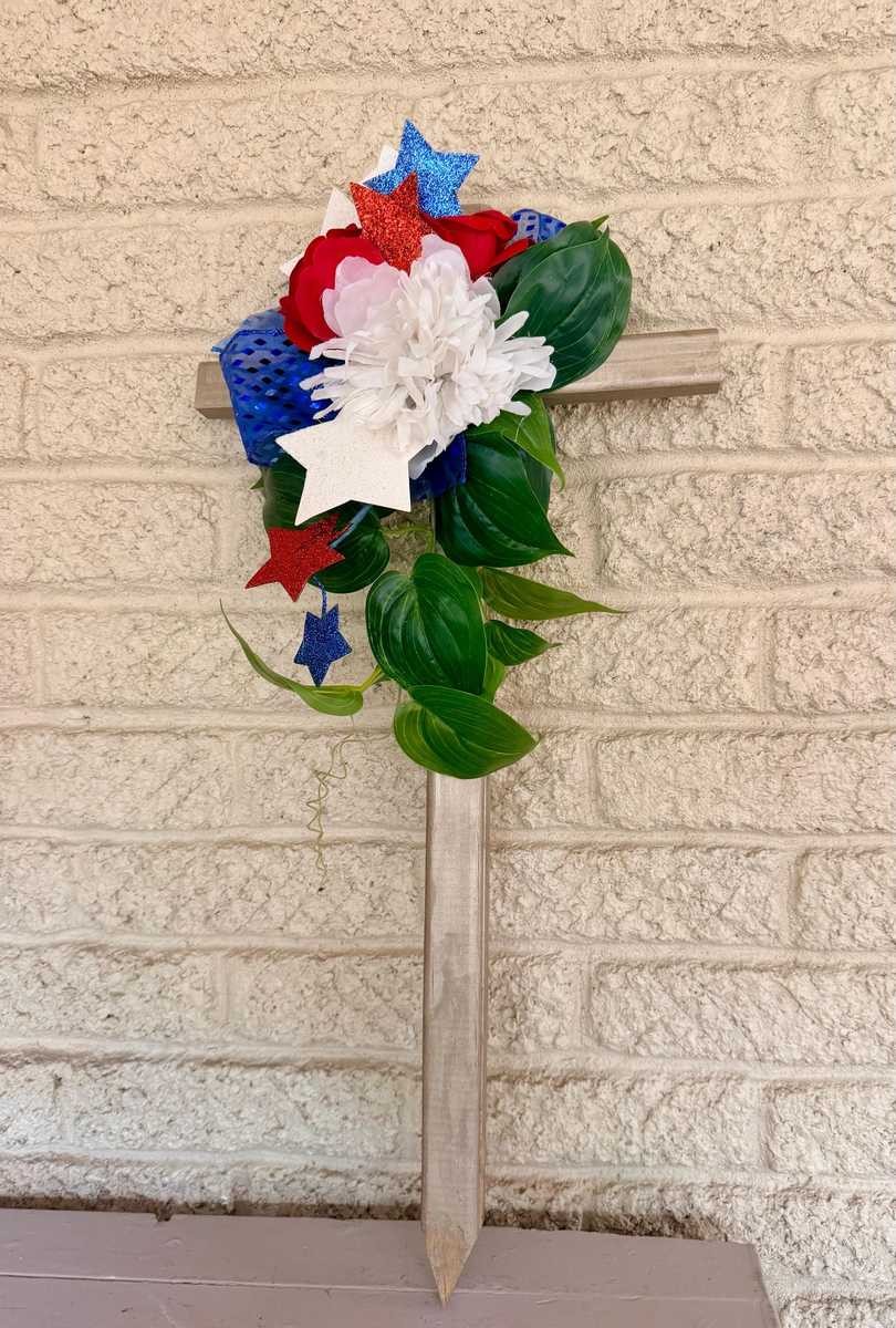 Cemetery Cross Decoration, Red White Blue Floral Memorial Grave Arrangement 24”