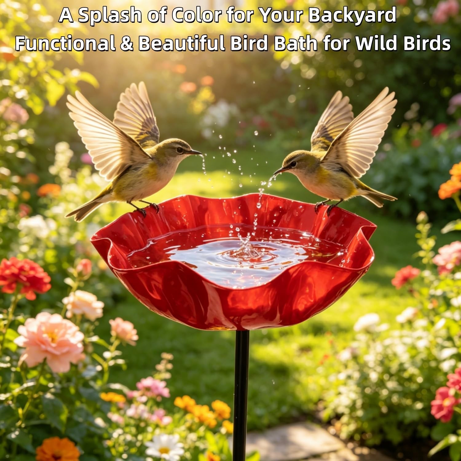 Metal Flower Garden Stakes with Bird Bath & Bee Watering Station – Colorful B…