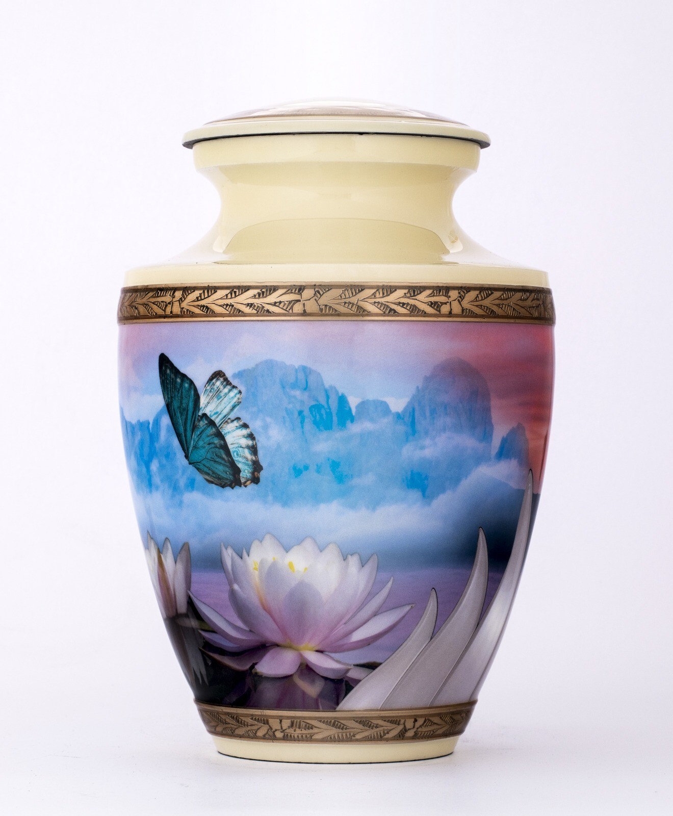 Blue Butterfly on a Cream Cremation Urn for Human Ashes | Polished Metal Flower