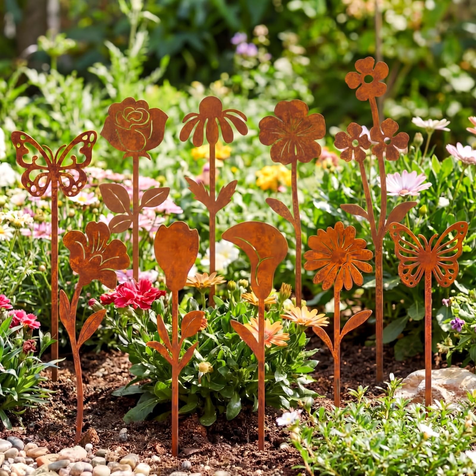 Rusty Metal Flowers Rustic Spring Plants Garden Stakes Outside Yard Art 10 PCS