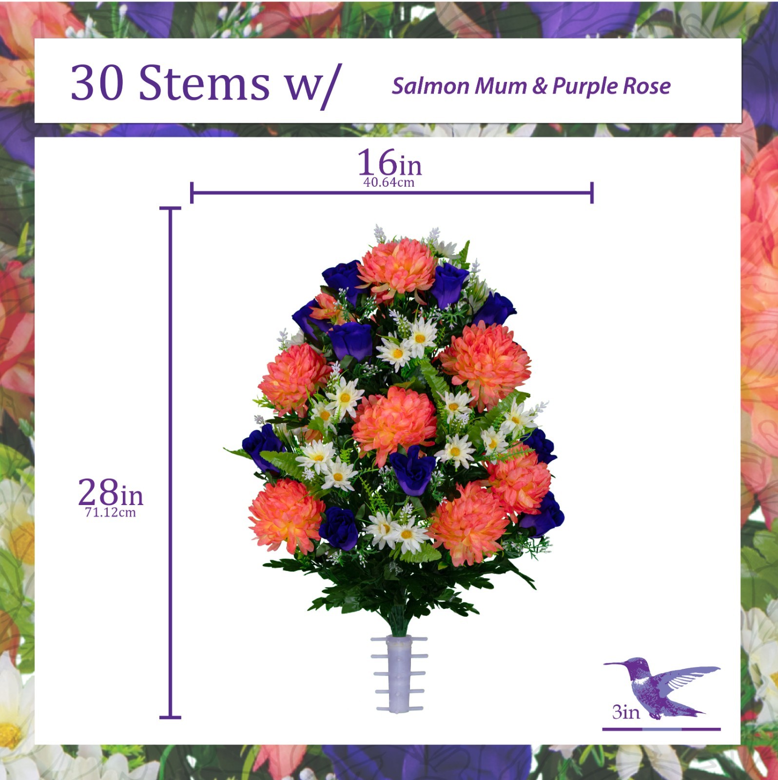 Artificial Cemetery Flowers –Salmon Pink Mum and Purple Rose Bouquet