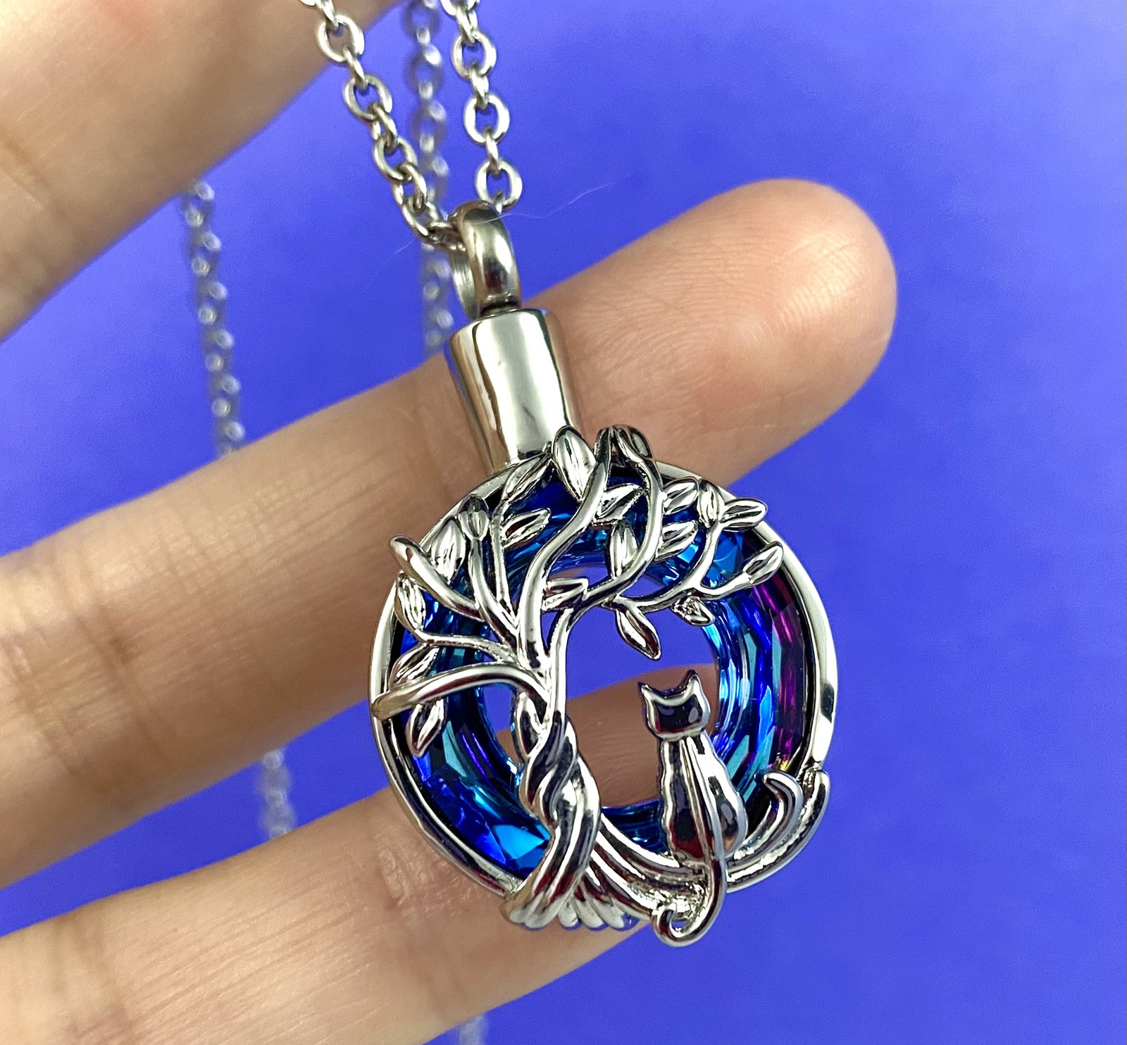 Keyring Urn .5″ Key Chain Cat Tree of Life Cremation Pendant Ashes Kitty Purple
