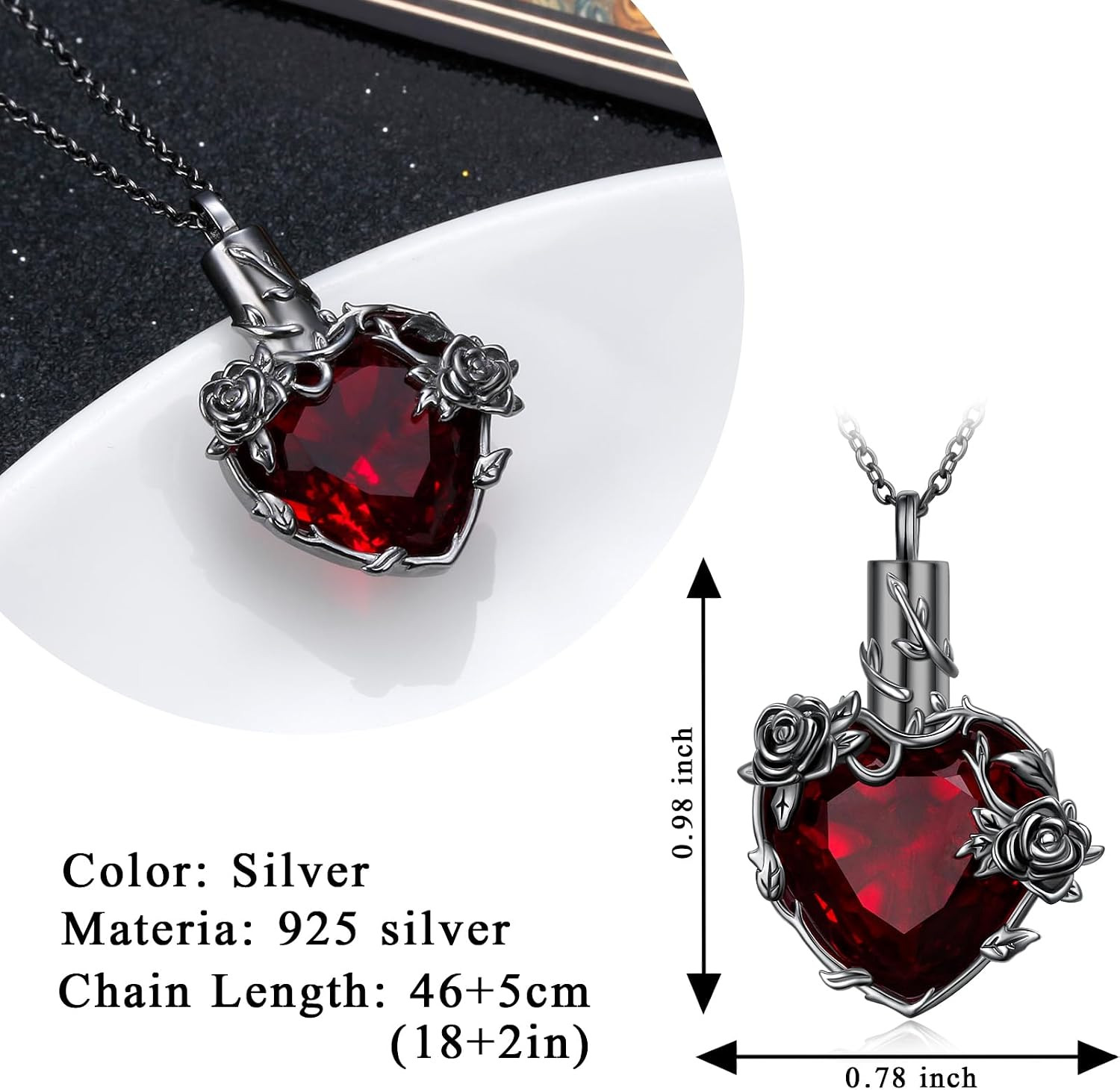 925 Sterling Silver Heart Cremation Jewelry Rose Flower Urn Necklaces for Ashes