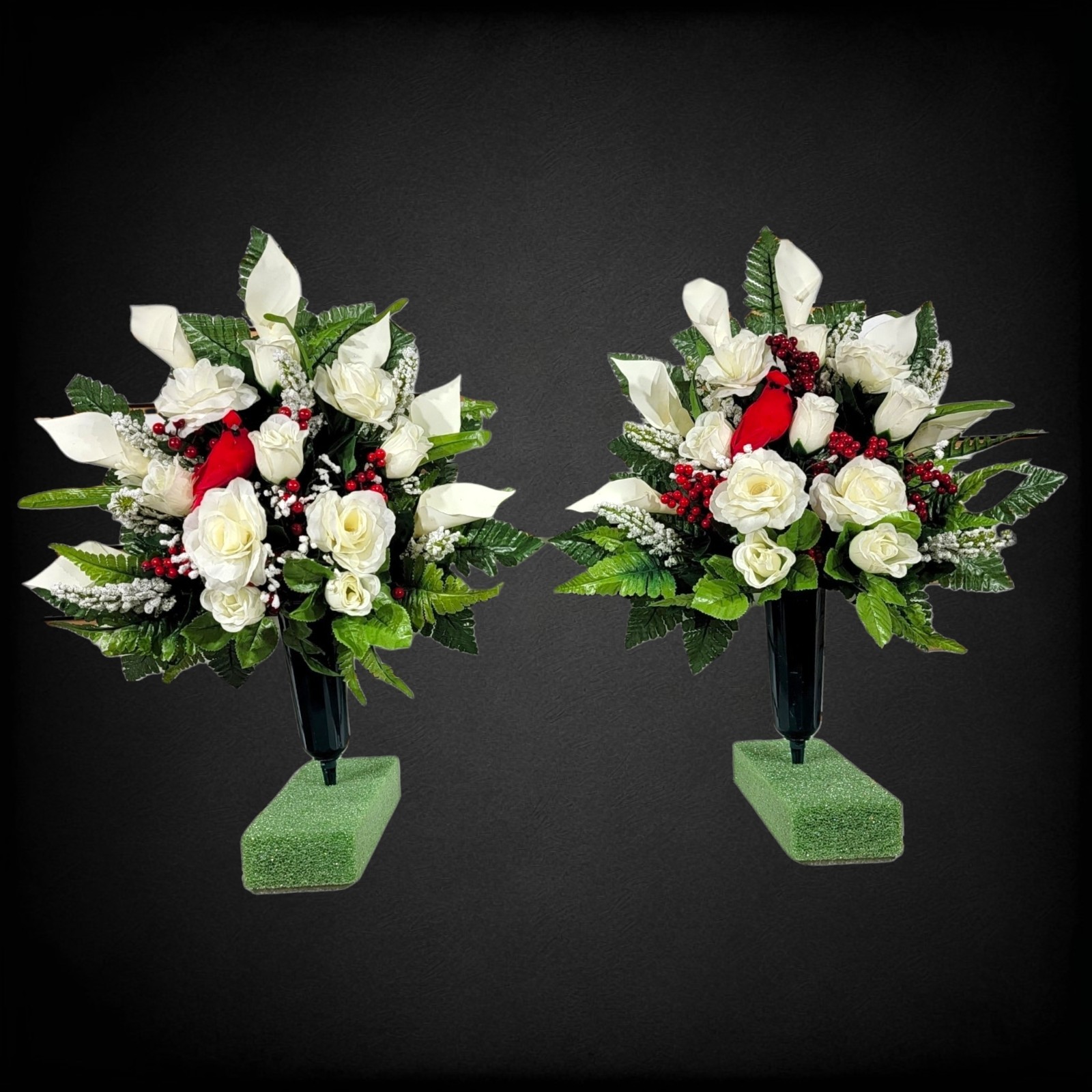 Cream Calla Lilies & Roses with birds and berries Cemetery Cone Pair