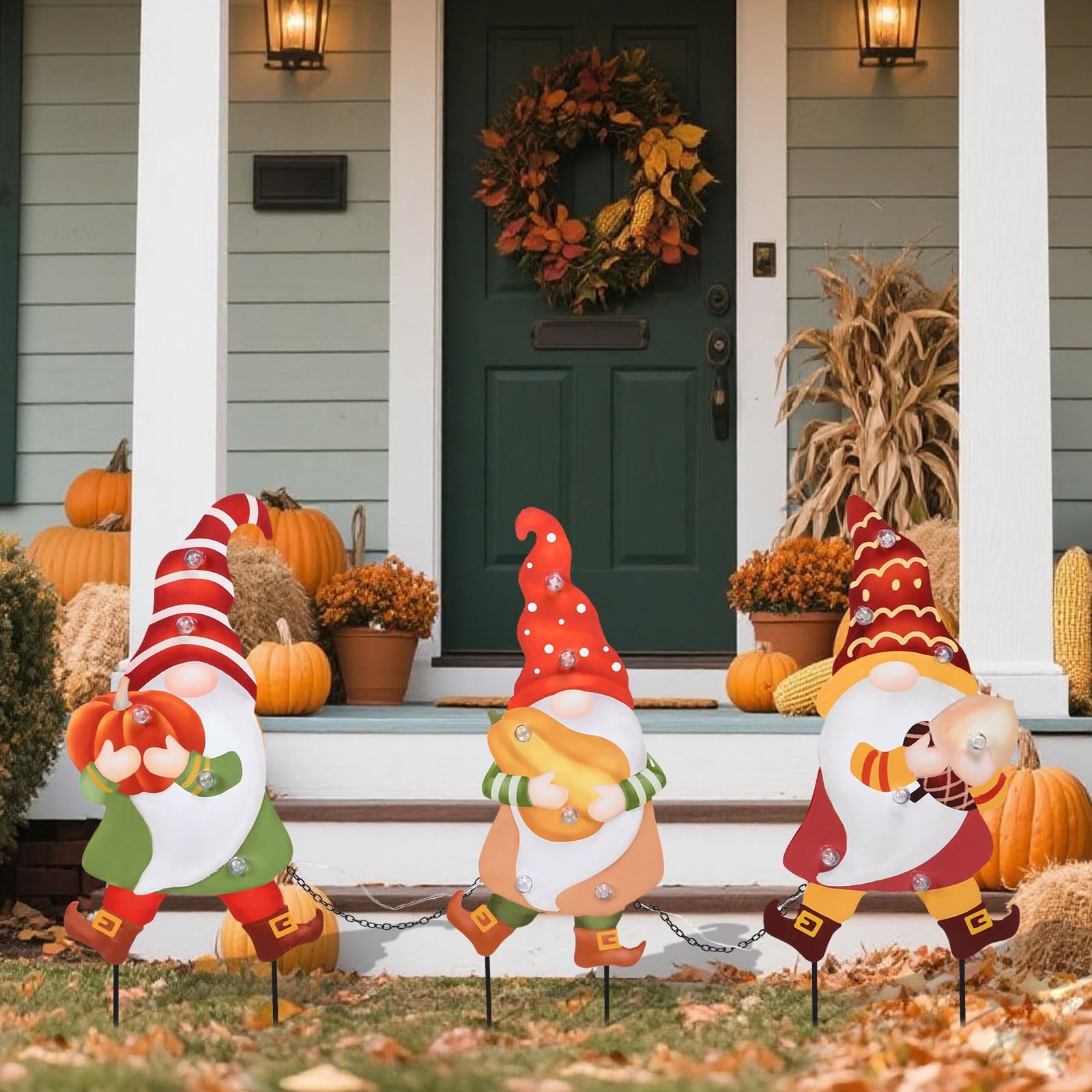 3 PCS Fall Yard Sign Metal Gnomes Decorative Garden Stakes with Led Lights Au…