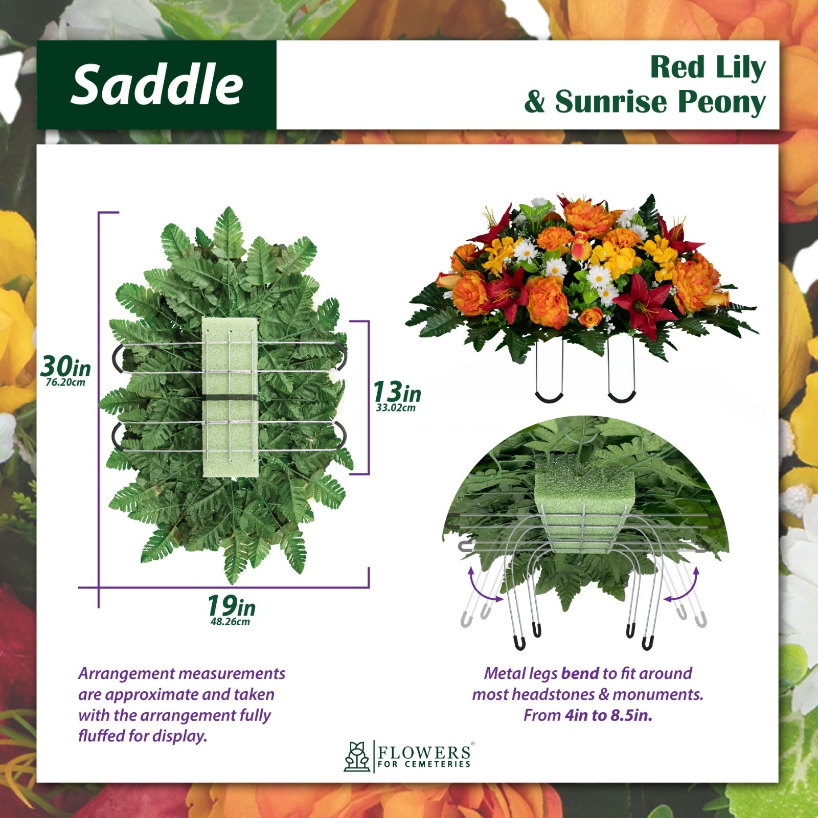 Artificial Gravesite Flowers – Red Lily and Sunrise Peony Saddle and 2 Bouquets