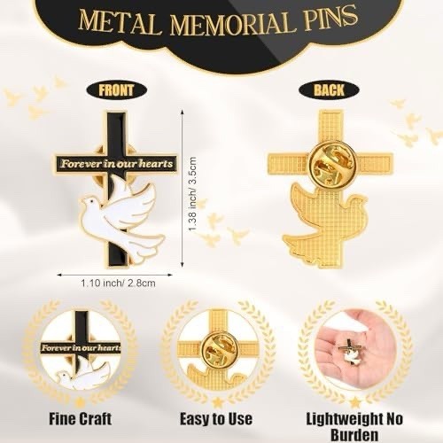 25 pcs, Metal Memorial Lapel Pins Cross & Dove “Forever in Our Hearts” Set of 10