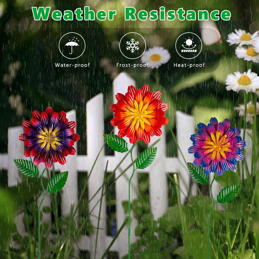 Metal Garden Flowers Stakes – 3 Pack Waterproof Yard Art for Outdoor Decor