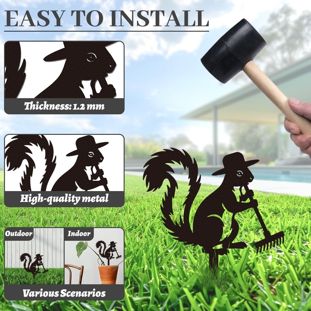 Squirrel Gardener Metal Decorative Garden Stakes, Black Squirrel Outdoor Stat…