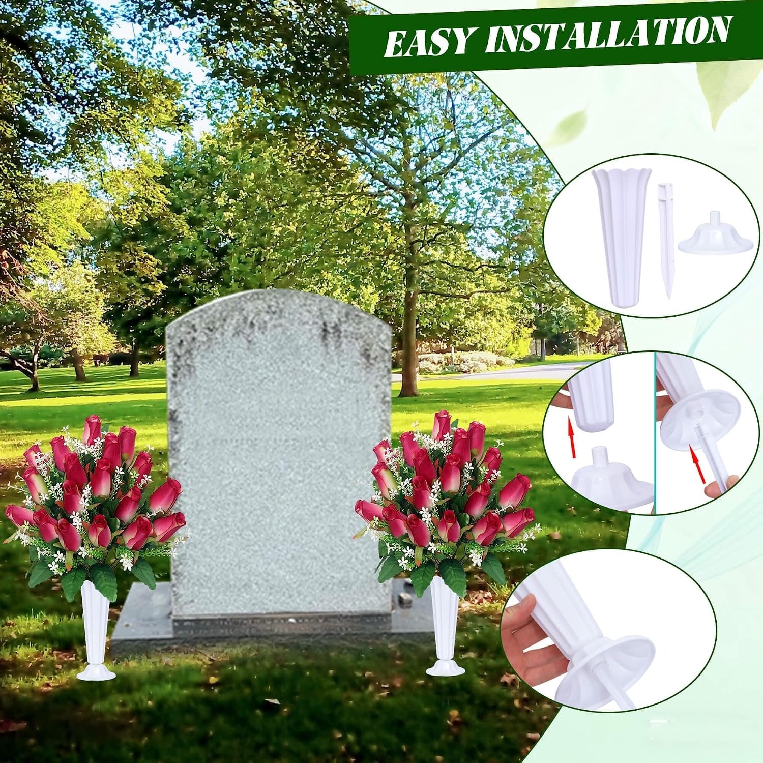 Forever Blooming Pink Rose Grave Decorations – Durable Outdoor Floral Set