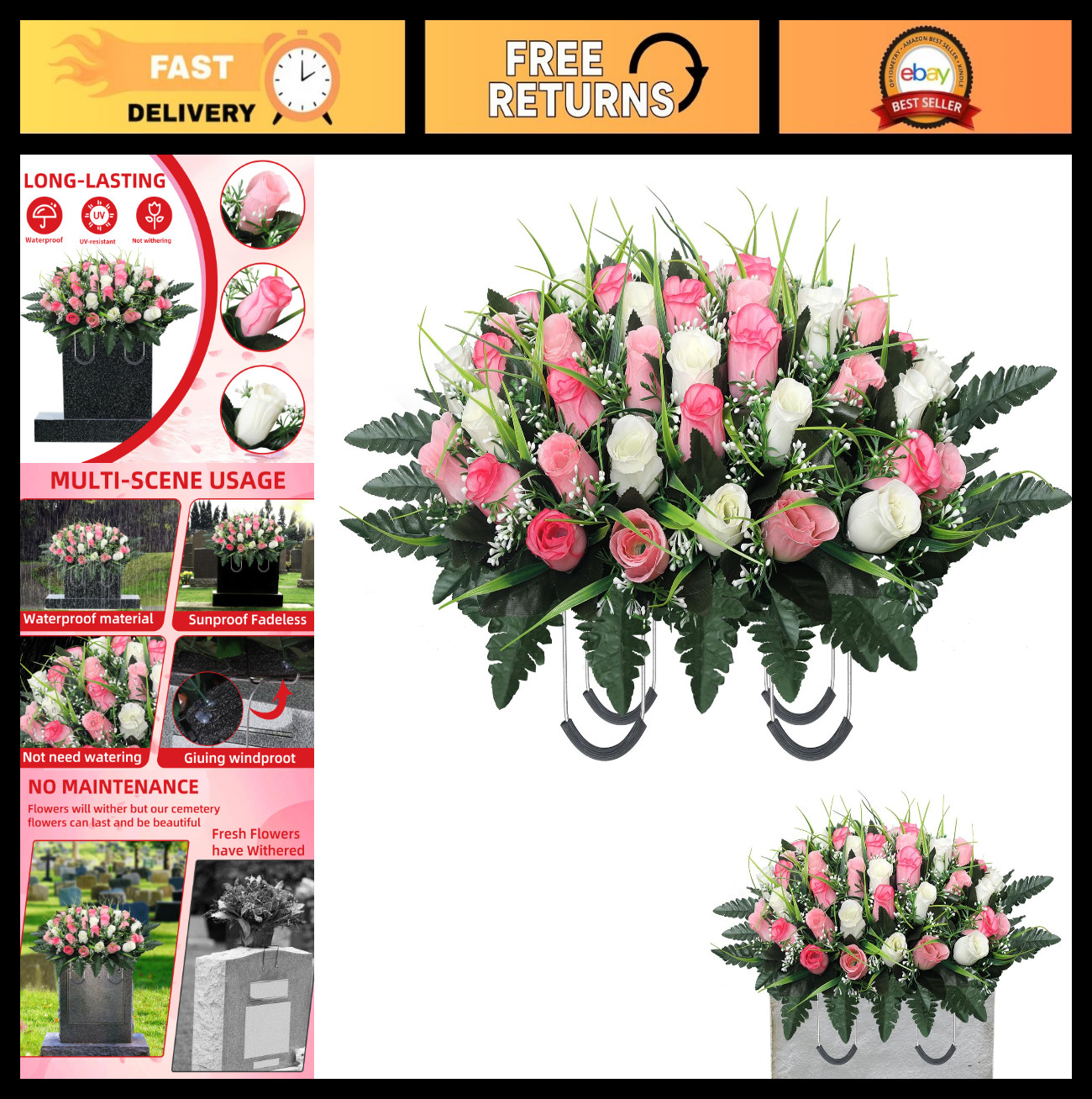Cemetery Flowers for Grave Decoration – Headstone Flower Saddle (Pink & White)