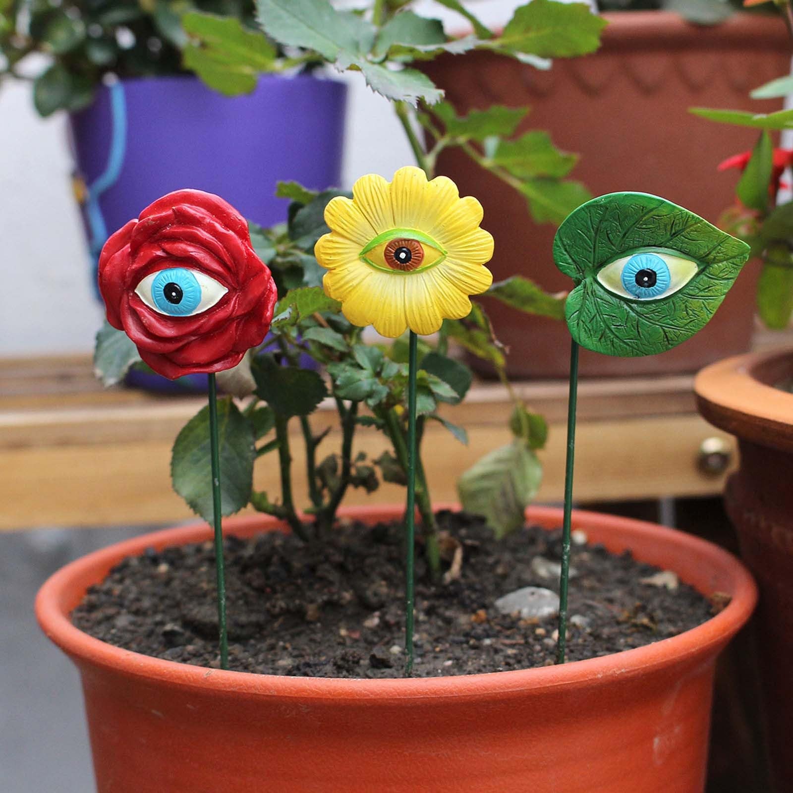 6PCS Resin Plant Eyes Stakes 5.5inch Novelty Rose Sunflower Green Leaves Plan…