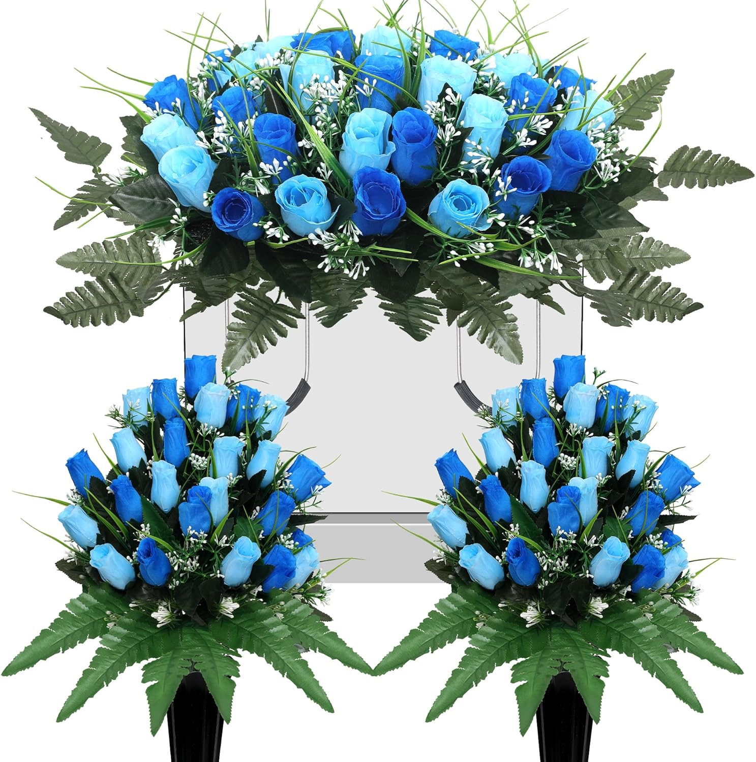Blue 3-Pack Artificial Cemetery Flowers with Vase – Non-Fading Grave Decor