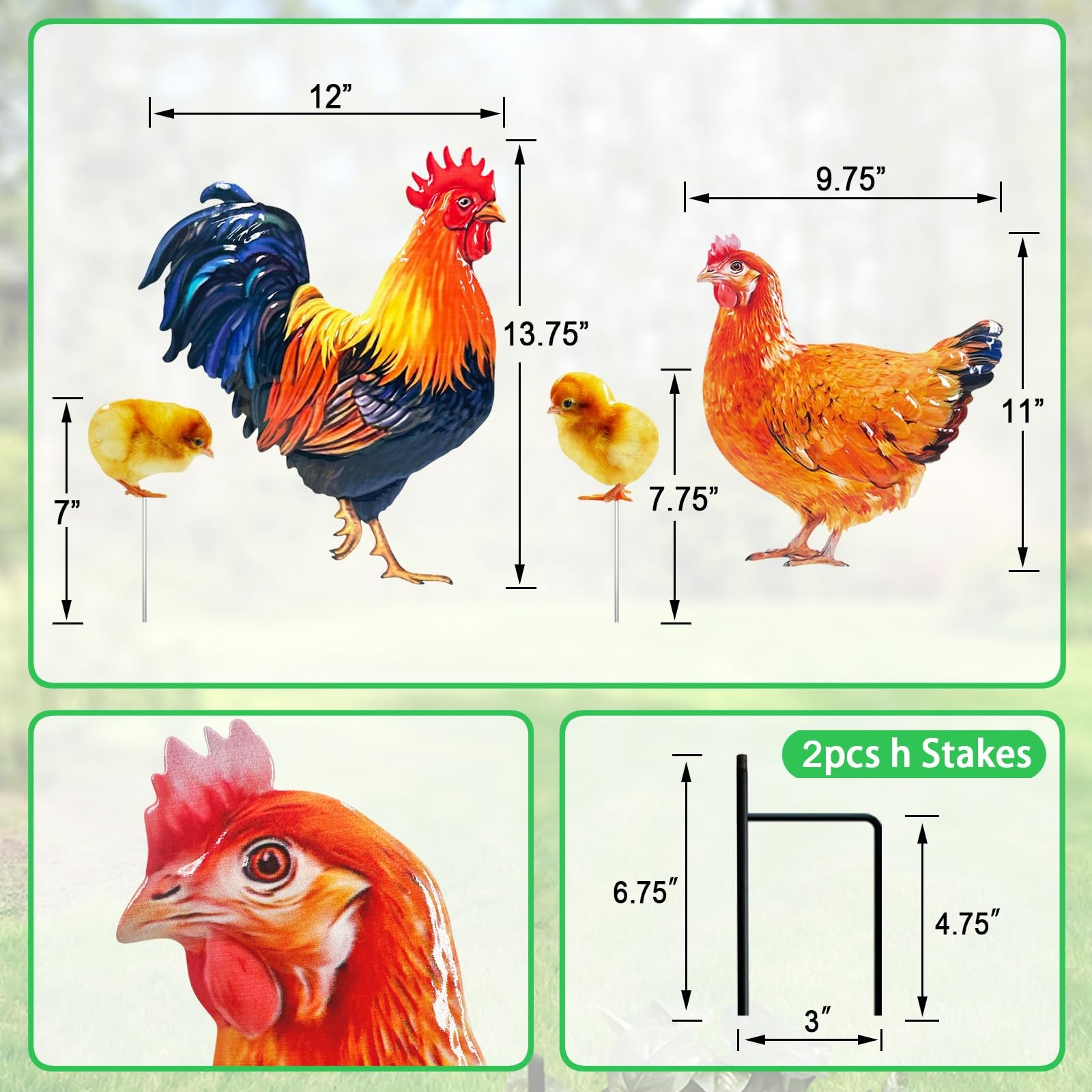 Metal Chicken Yard Stakes 4 Pack Realistic Hen and Rooster Outdoor Decor