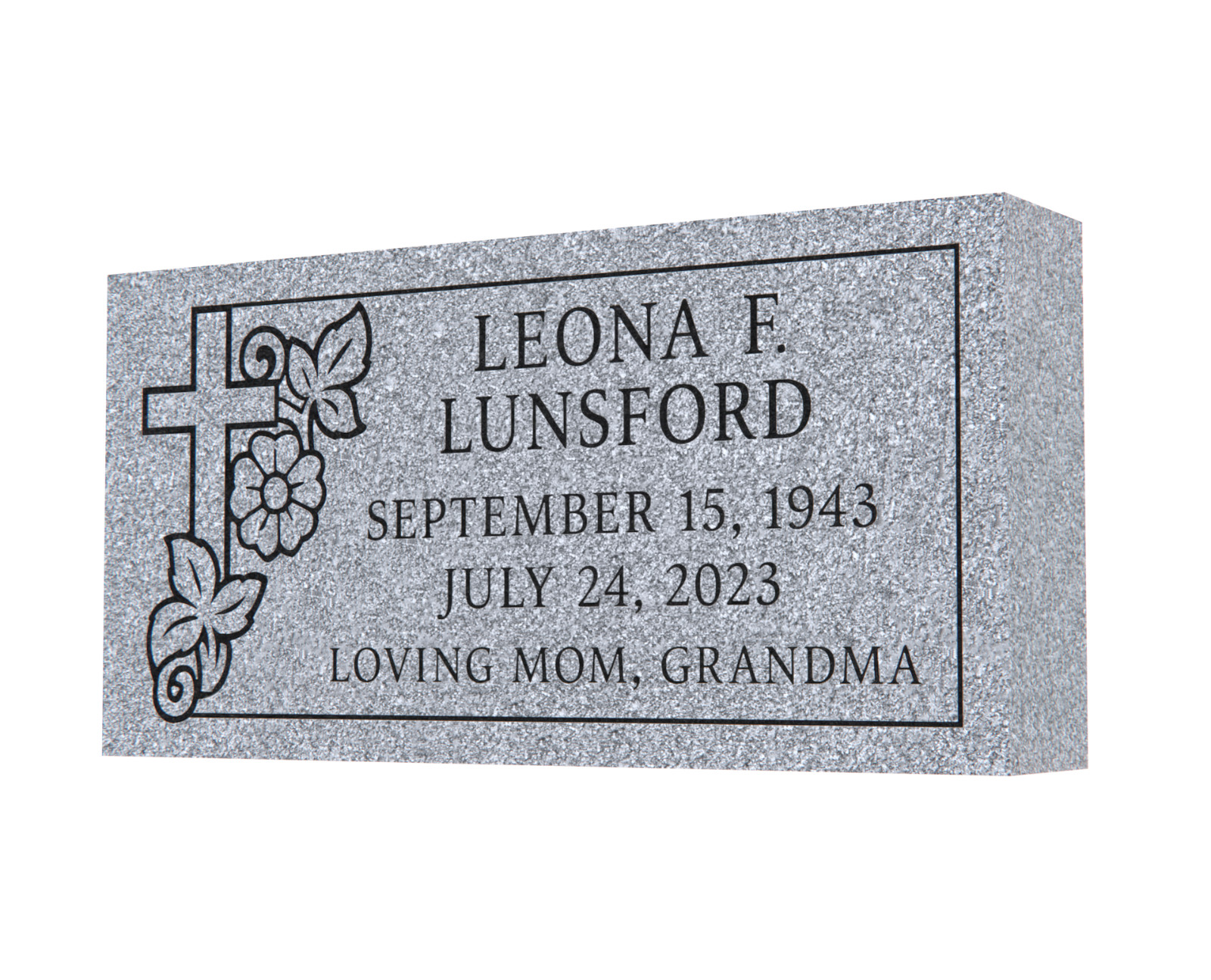 16×8×3″ Gray Granite Flat Grave Marker – Custom Engraved with Cross & Flowers