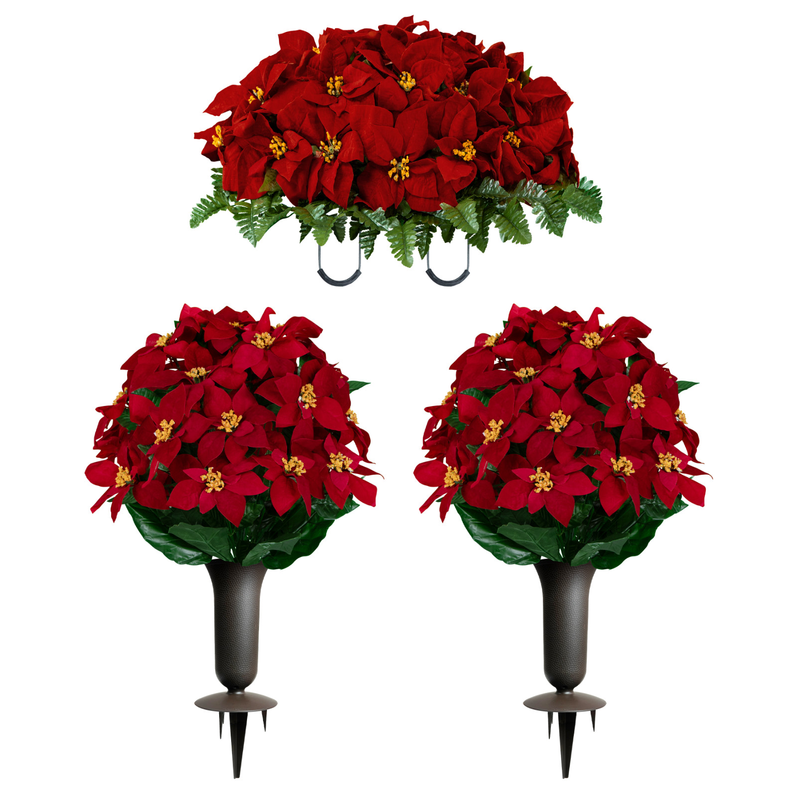 Artificial Cemetery Flowers – Red Poinsettia Saddle, Bouquets & Vases