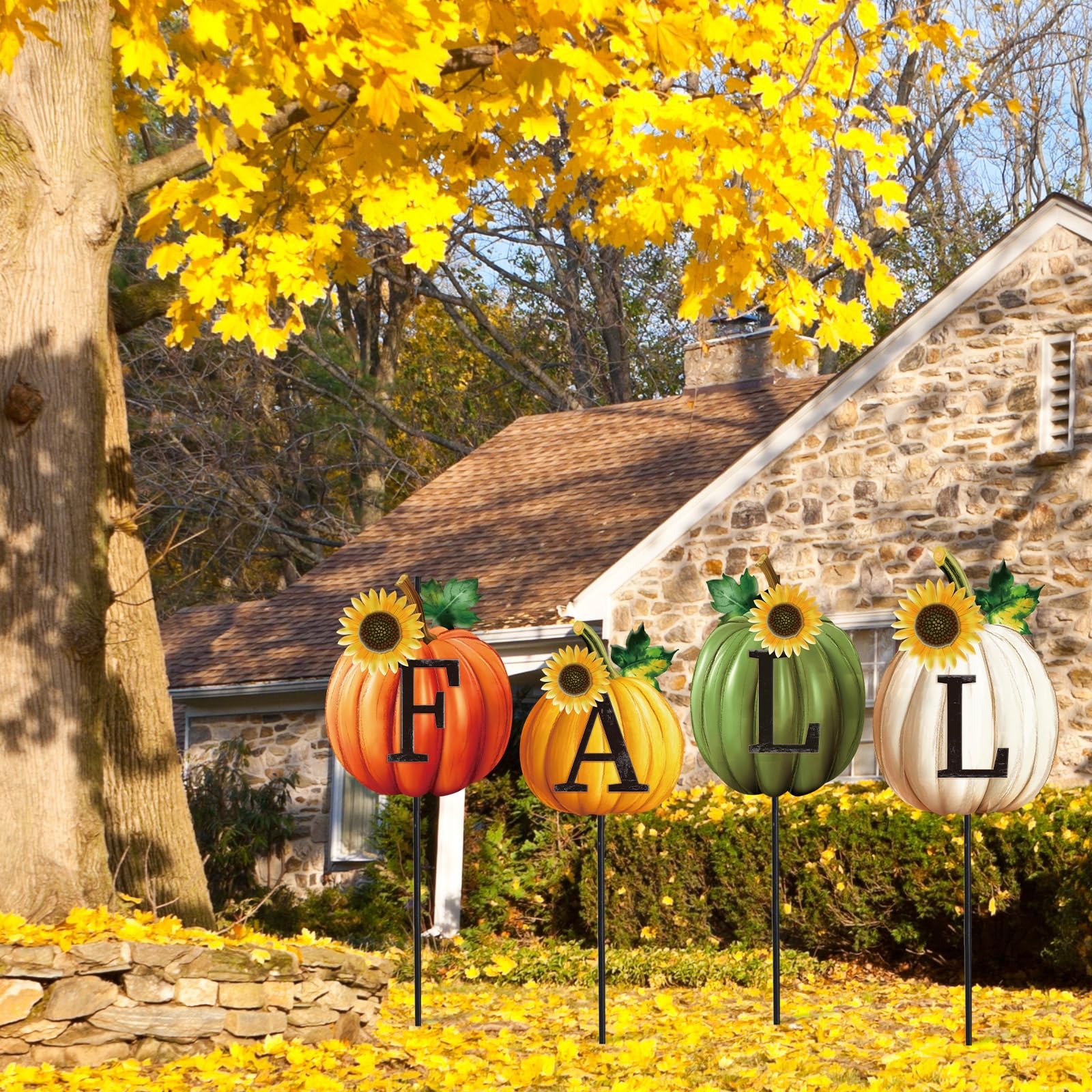 Set of 4 Thanksgiving Pumpkin Metal Garden Stakes Fall Pumpkin Decorative Law…