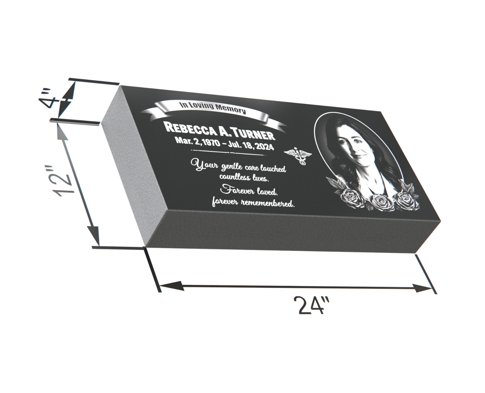 Custom Black Granite Headstone 24x12x4 – Portrait Memorial with Medical sign