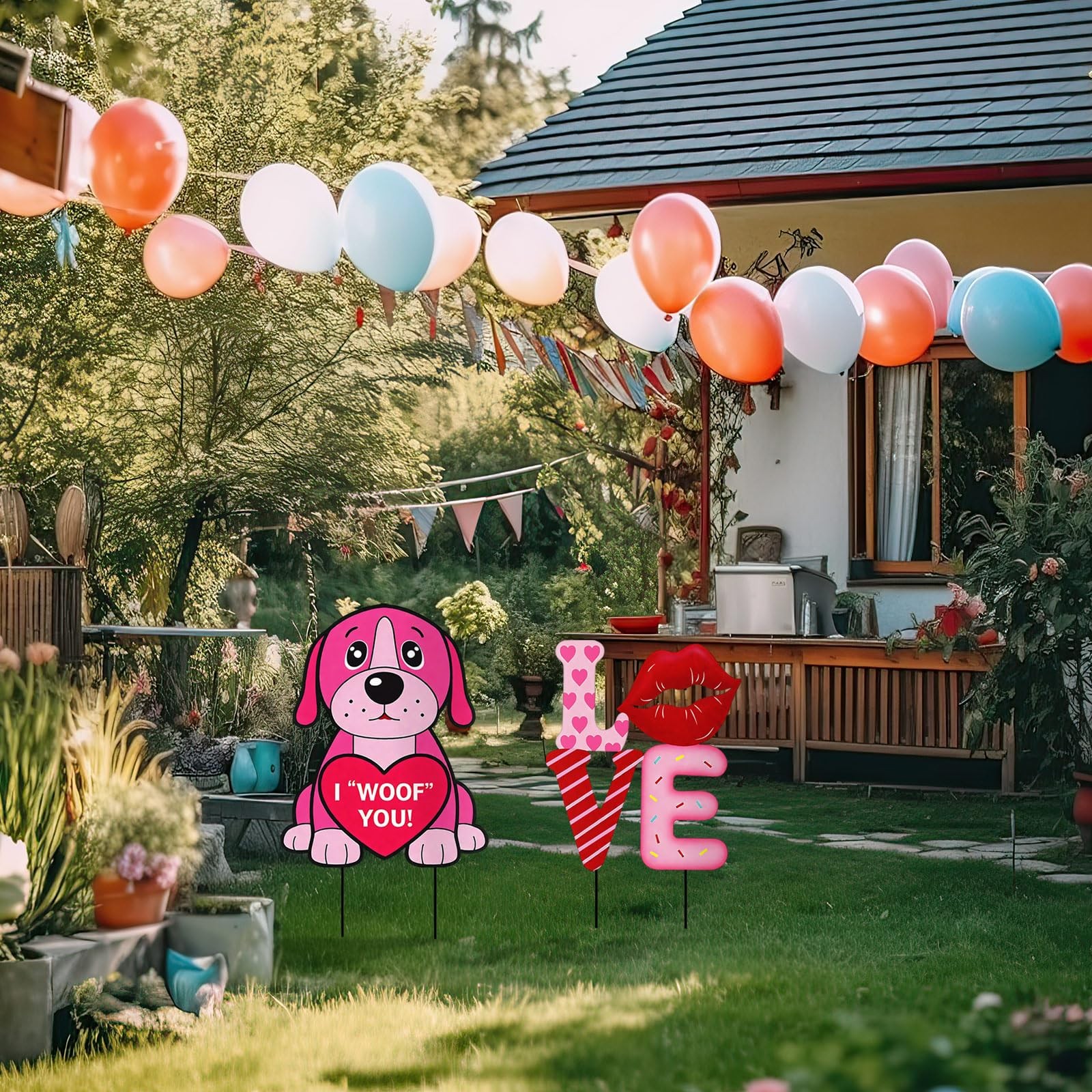 2 Pcs Valentines Day Yard Signs Metal Pink Dog with Heart Decoration Outdoor …