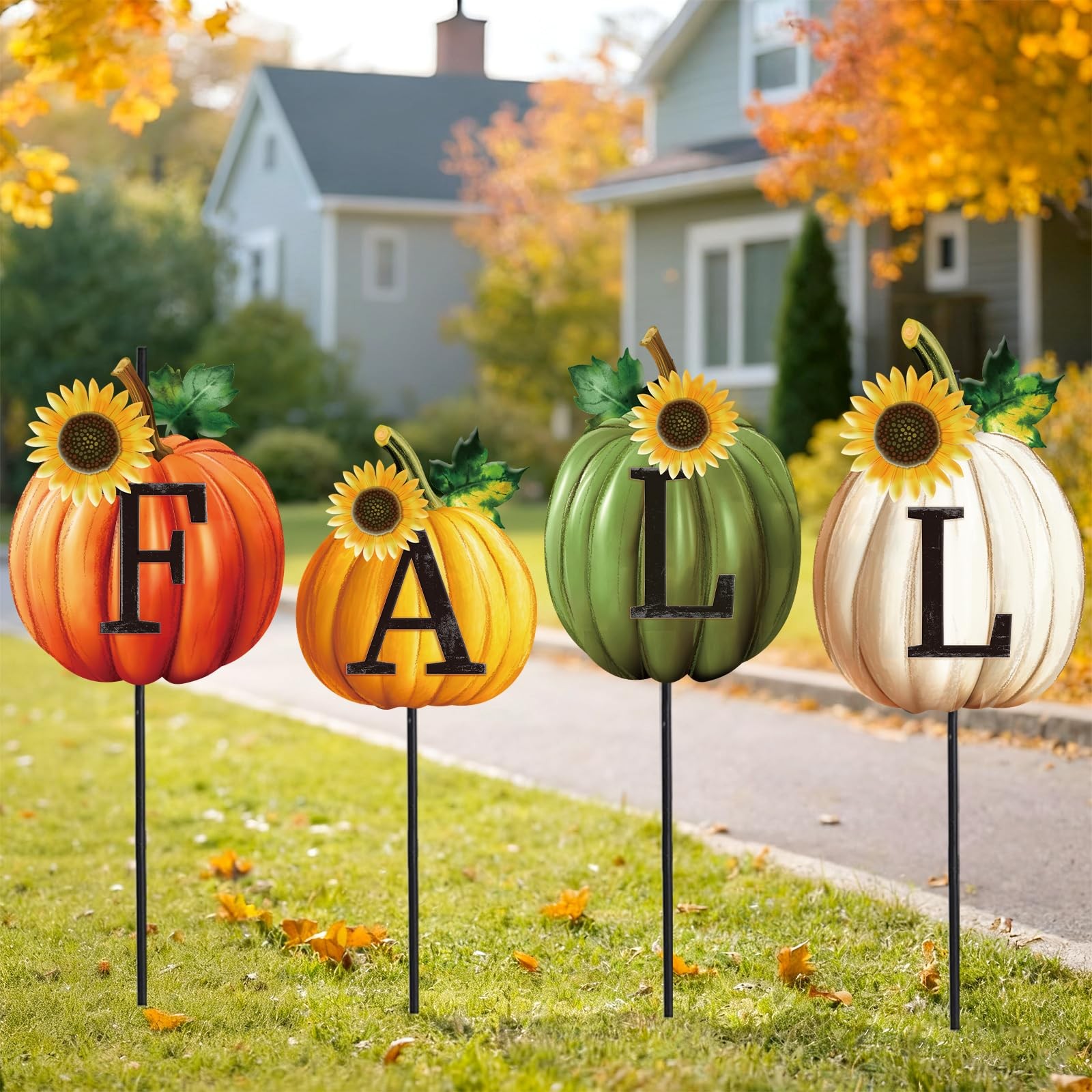 Set of 4 Thanksgiving Pumpkin Metal Garden Stakes Fall Pumpkin Decorative Law…
