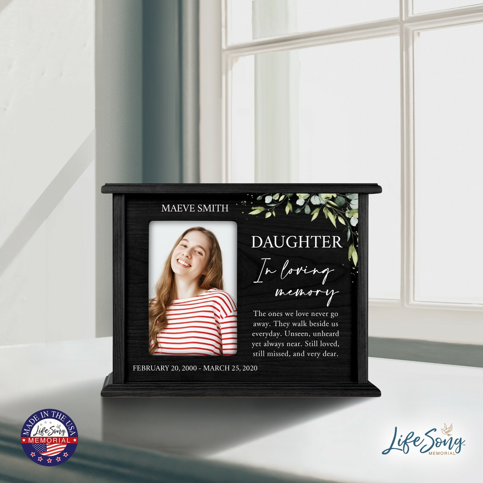 Custom Cremation Urn Box Holds 200 cu in w/ 4×6 Photo In Loving Memory(Daughter)