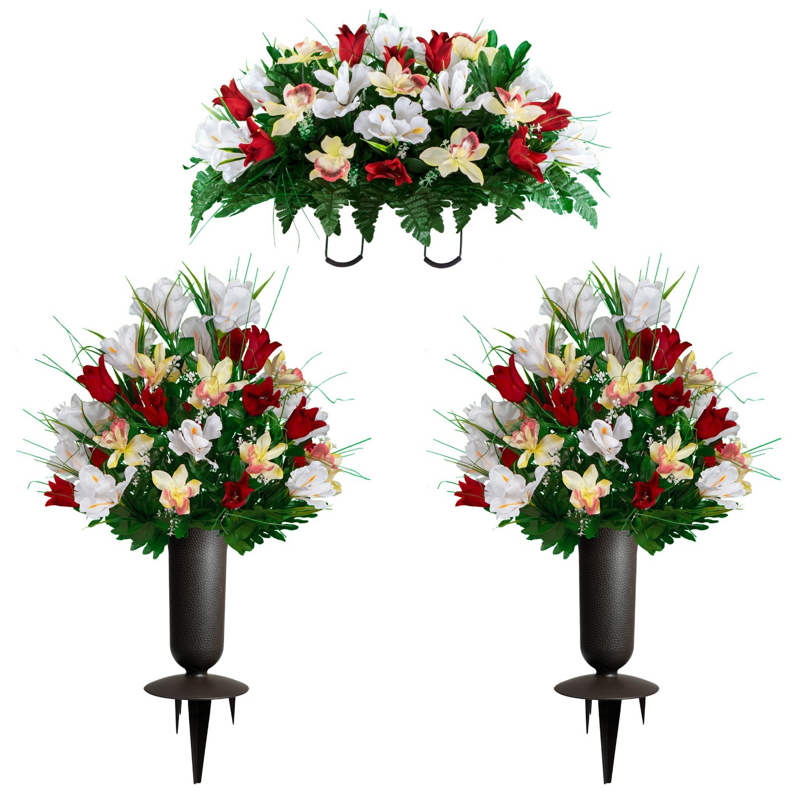 Artificial Flowers – Red Tulips and White Iris Saddle, 2 Bouquets and 2 Vases