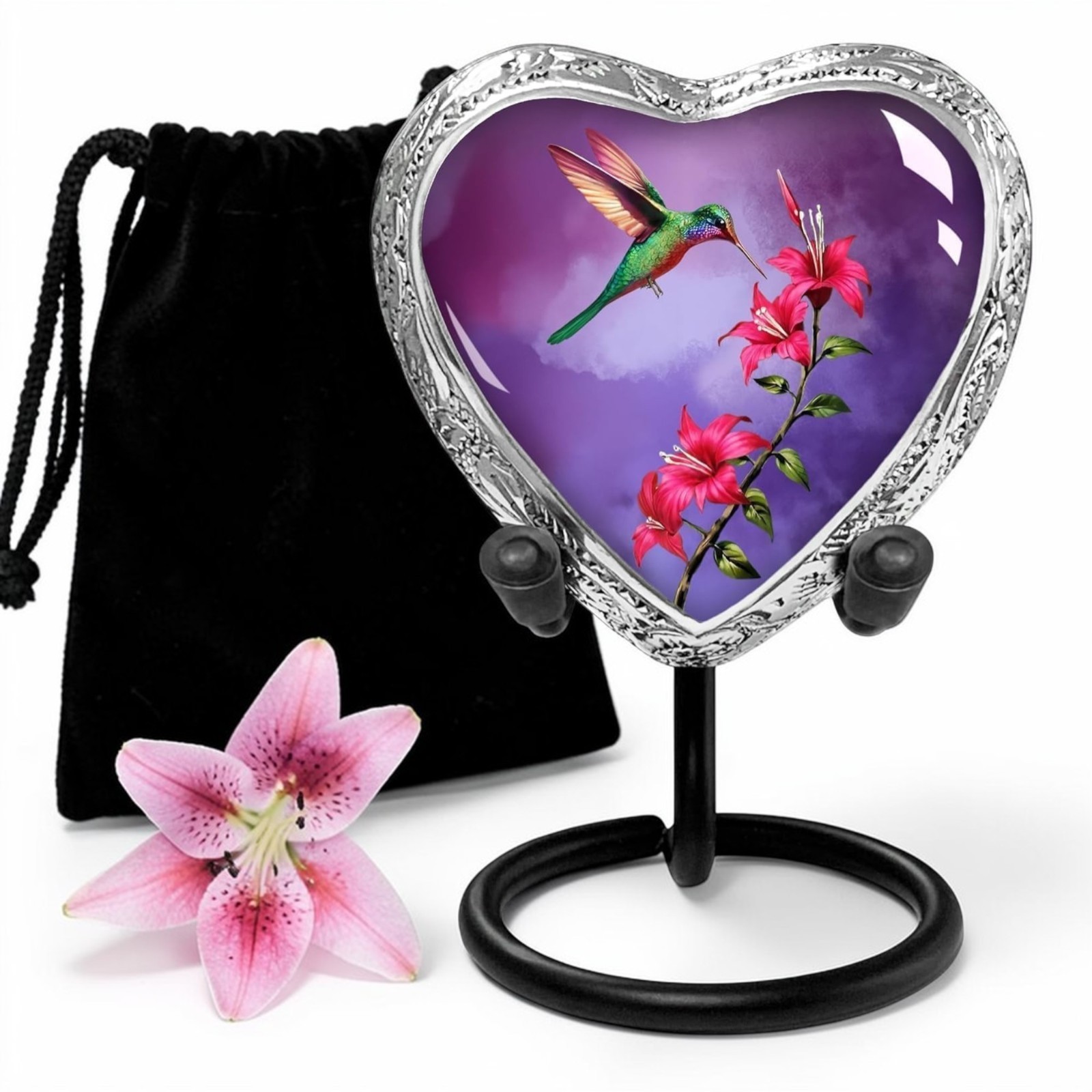 Purple Hummingbird Small Heart Shaped Keepsake Urn for Ashes Adult Male & Female