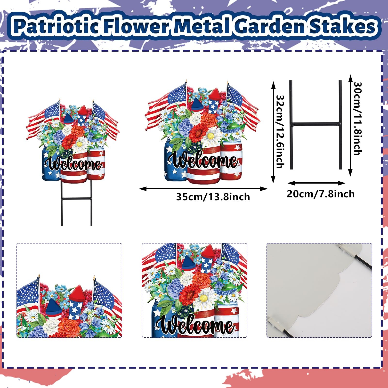 Patriotic Flower Metal Garden Stakes 4th of July American Flag Floral Vase De…