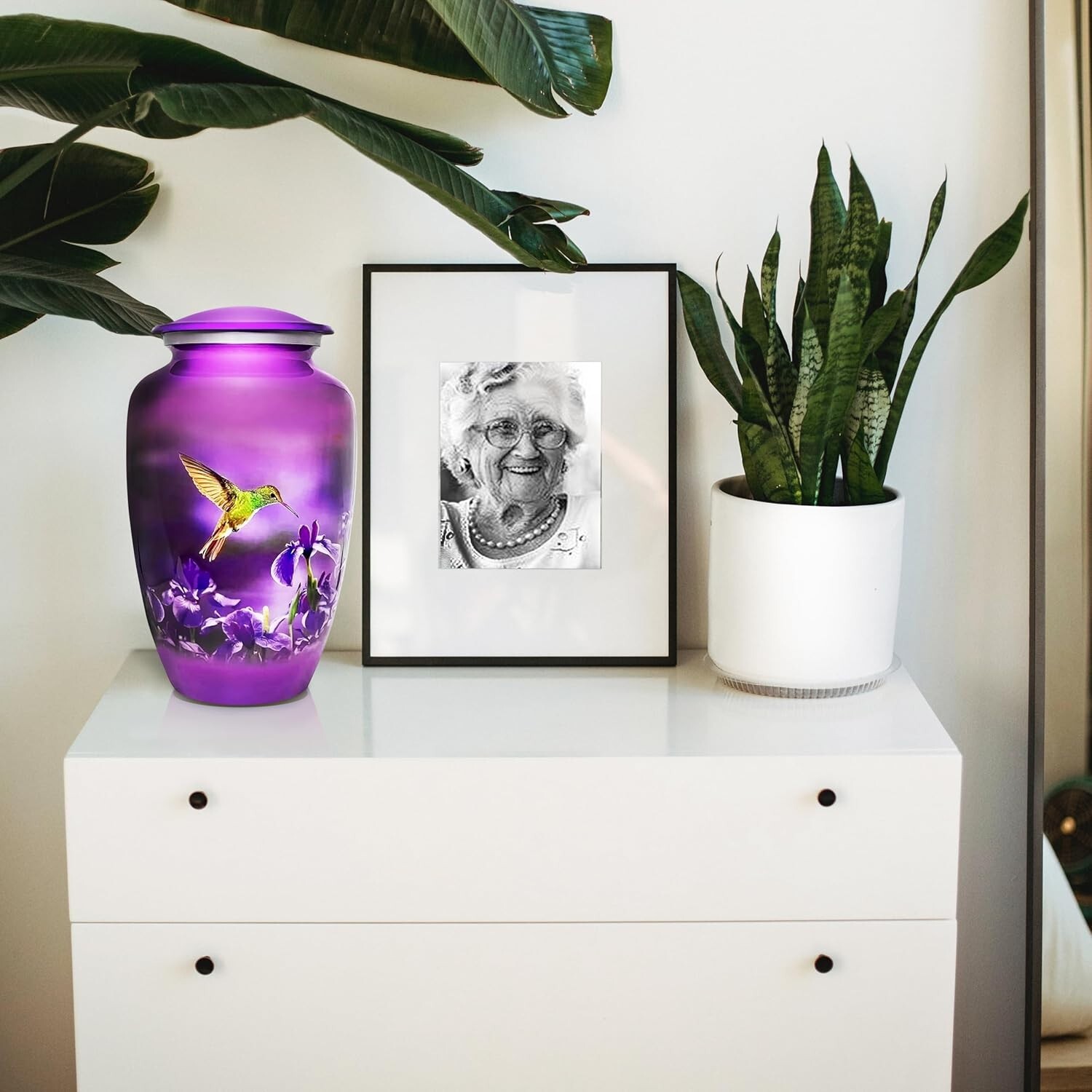 Artisan Purple Aluminum Cremation Urn with Threaded Lid – Hummingbird Design
