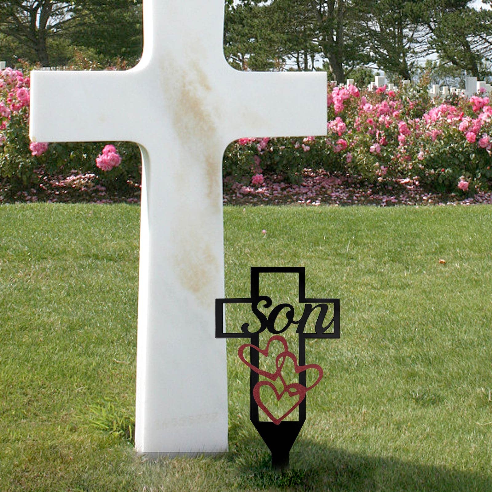 Son Memorial Cross Stake – Metal Cemetery Grave Marker with Plaque, Durable G…