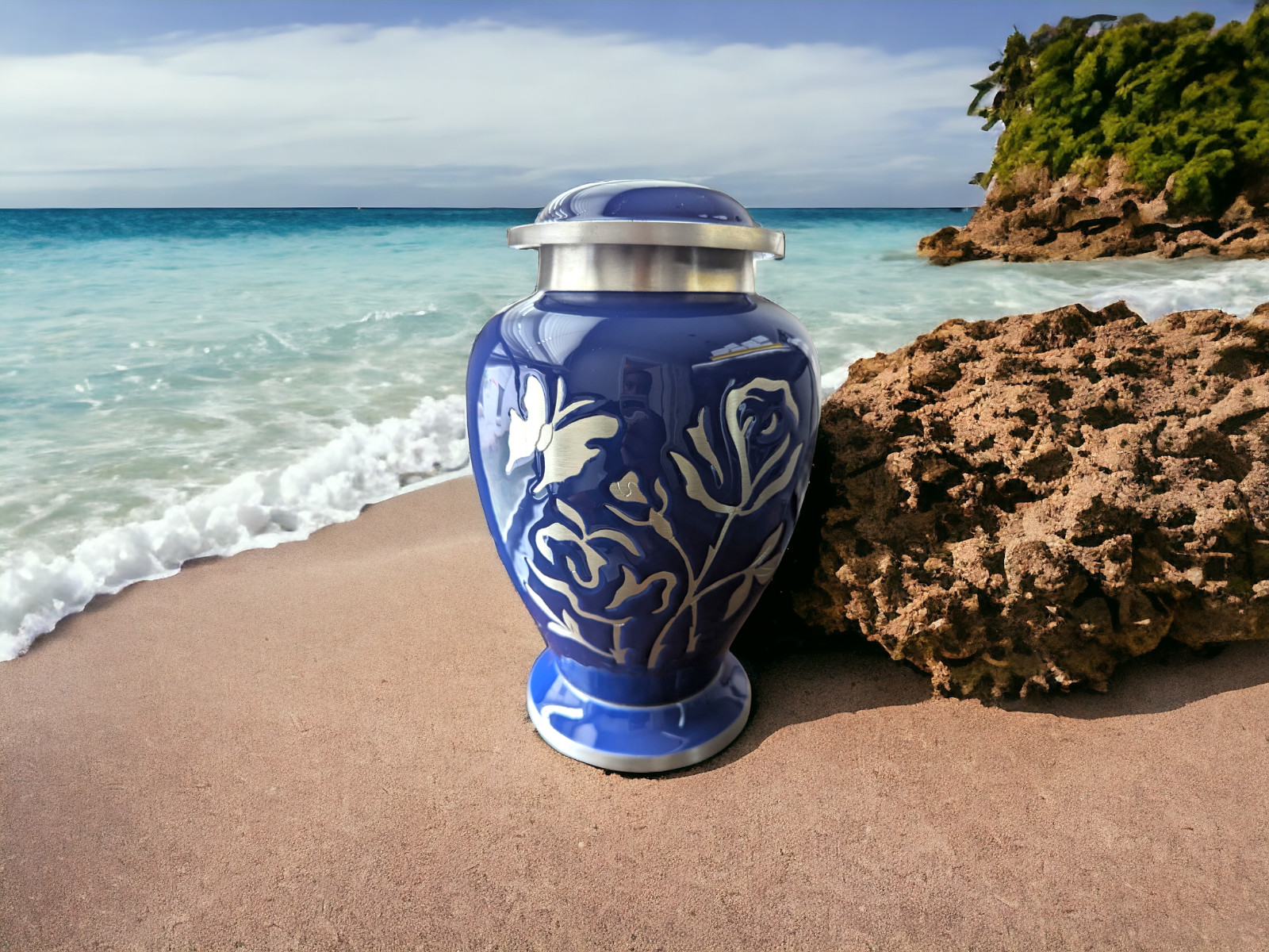 Blue Urn with Butterly & Rose Engraving, Artfully Handcrafted Aluminum