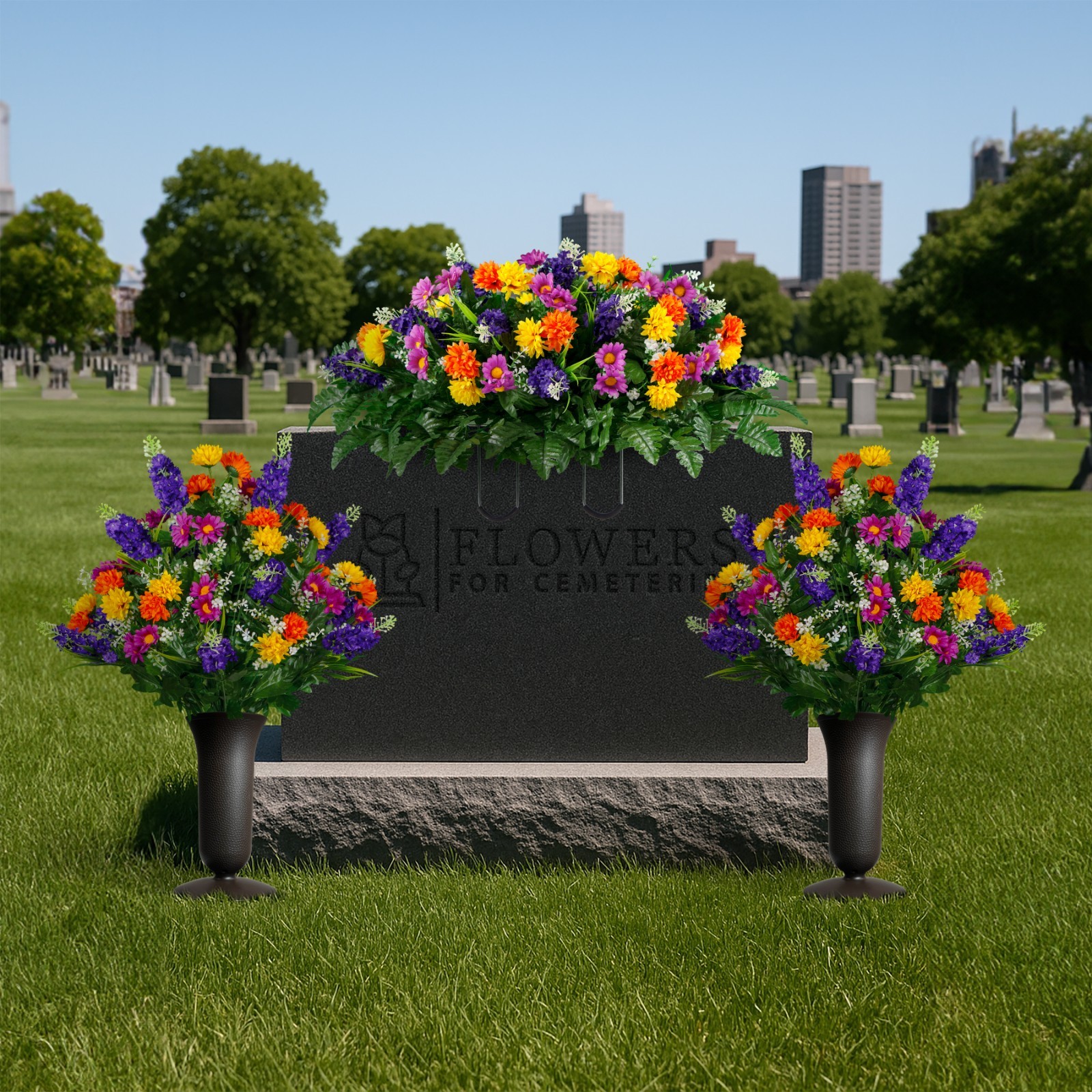 Artificial Purple Violet Yellow Wildflower Mix Saddle, 2 Bouquets, & 2 Vases
