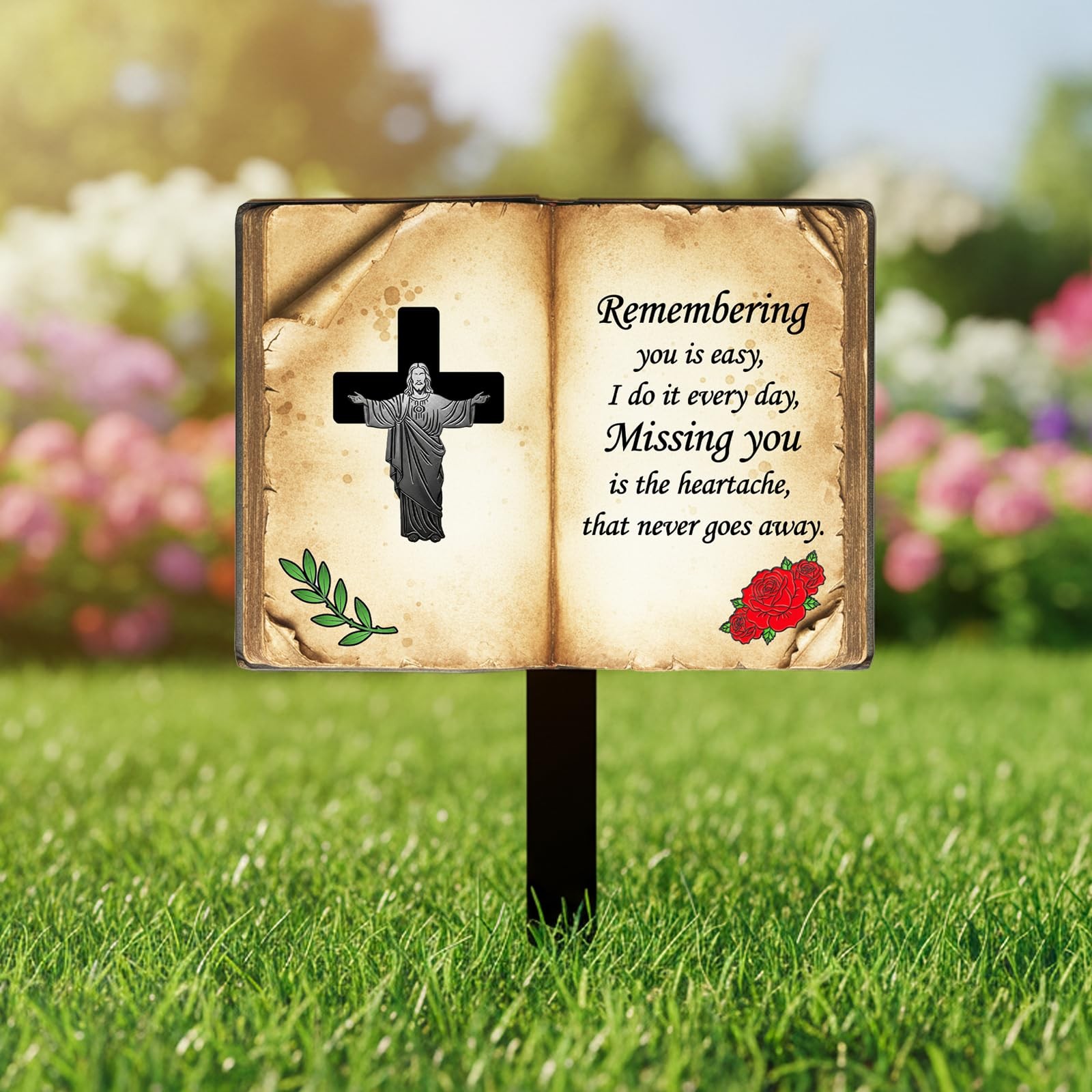 Jesus Bible Grave Marker Durable Metal Memorial Stake with Poem for Cemeteries