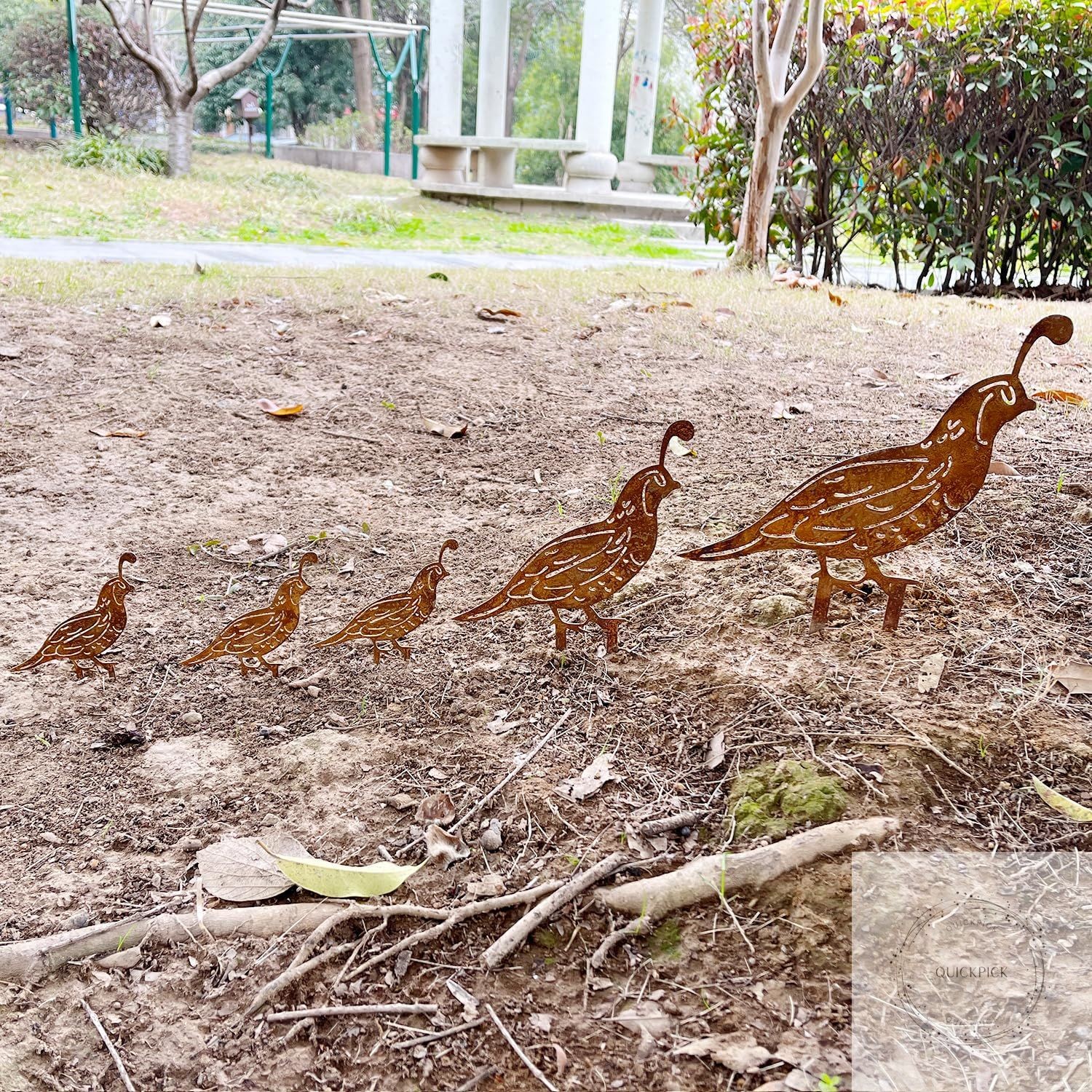 5PCS Rusty Quail Family Decorative Garden Stakes, Metal Birds Yard Decor, Bird
