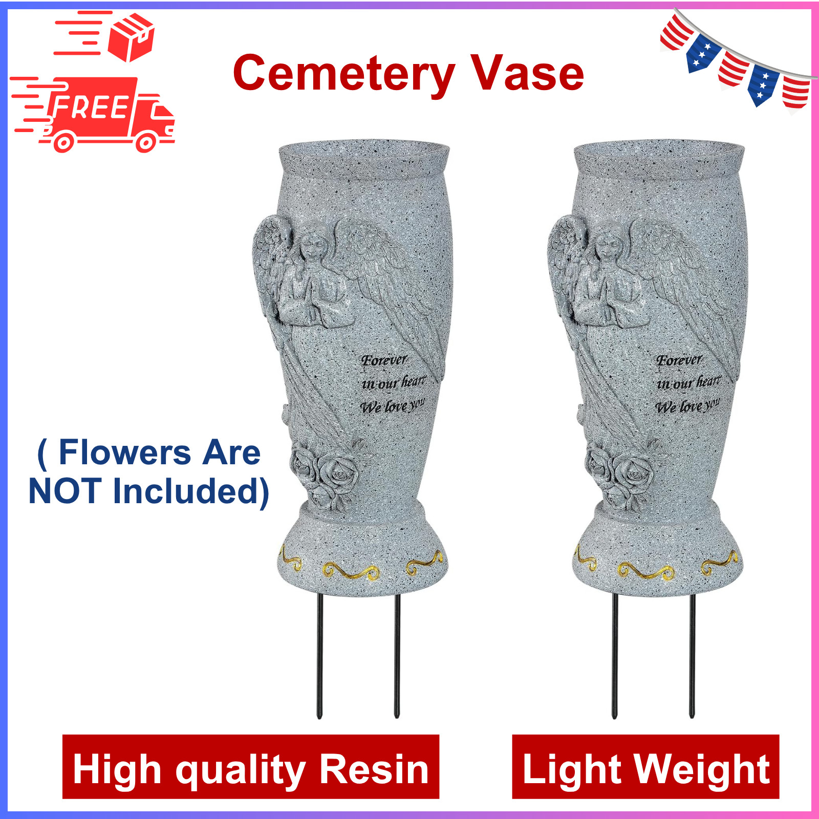 Cemetery Vase, Memorial Grave Vase With Ground Spikes, Angel Vases, 2 Pieces