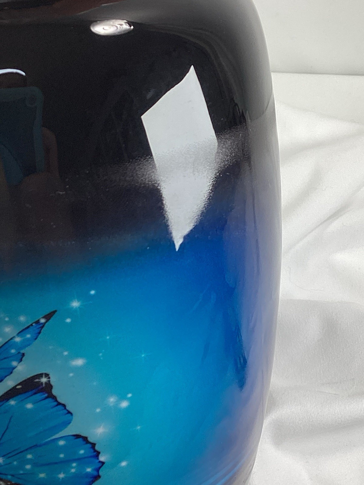 Blue Butterfly Urn, capacity for 200 lbs adult. Roller marks on glaze, see Pics